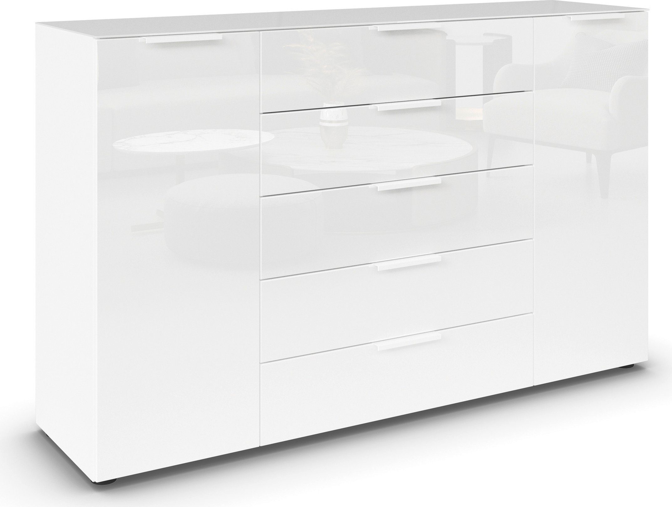 rauch Schubkastenkommode Kommode Türkommode Sideboard Kombikommode FLIPP mit Glasfront (Breite 160/180 cm mit 4 Einlegeböden), 2-türig, 5 Schubladen, Soft-Close, Oberboden und Front Glas, 2 Breiten