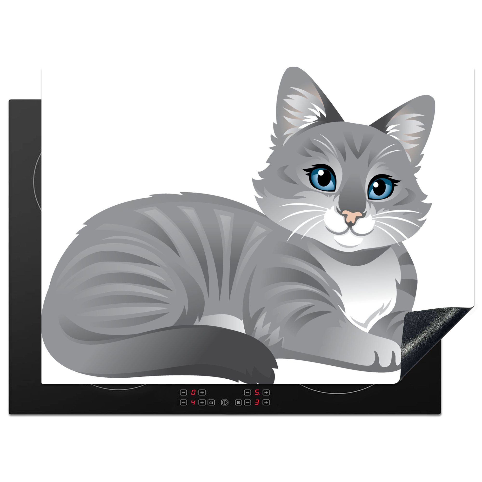 MuchoWow Herdblende-/Abdeckplatte Eine Illustration einer grauen Katze mit blauen Augen, Vinyl, (1 tlg), 70x52 cm, Mobile Arbeitsfläche nutzbar, Ceranfeldabdeckung