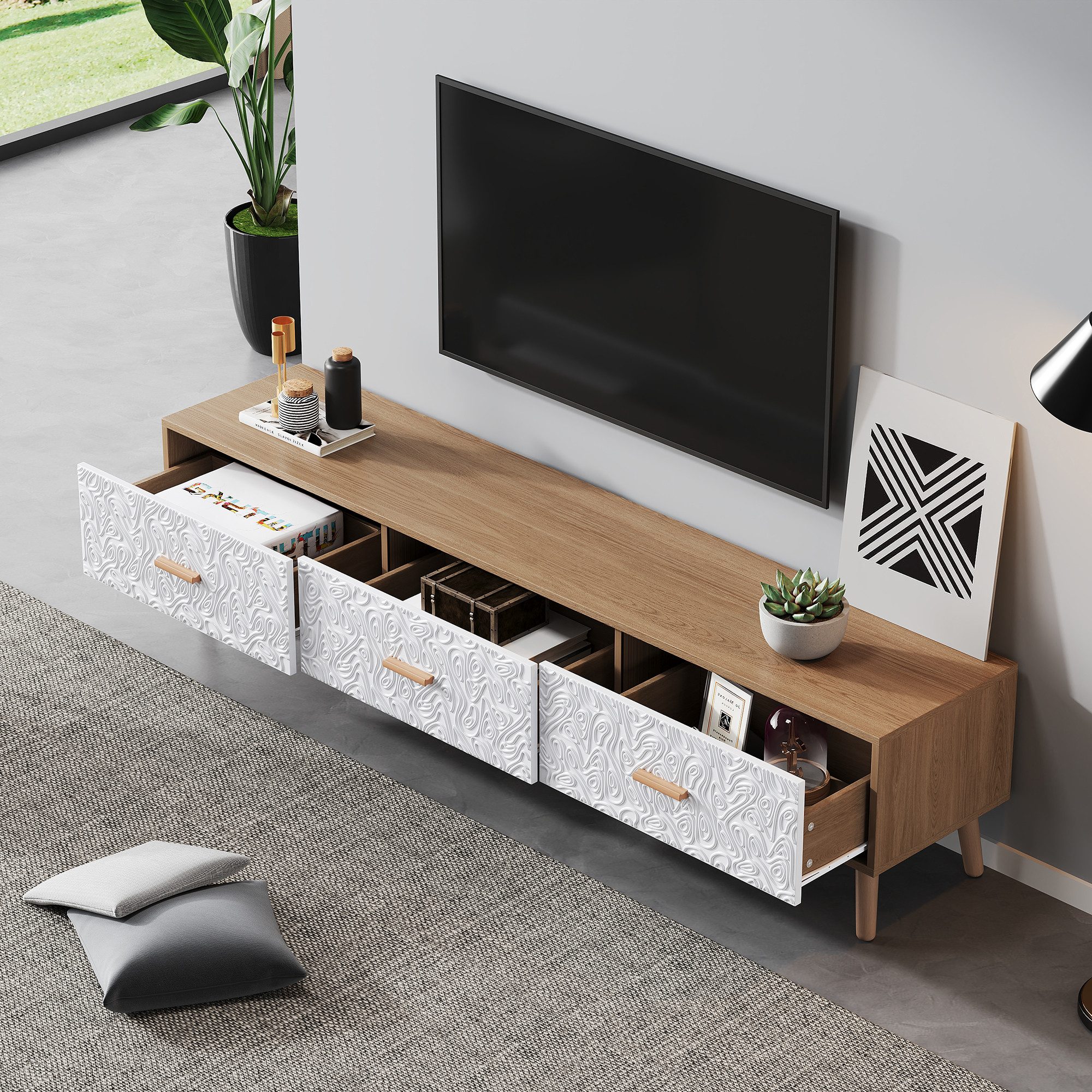 STILVORA Lowboard mit Schubladen,TV-Schrank TV-Regal mit Türpaneelschnalle&Kippschutz (TV-Schrank, Fernsehtisch,TV-Board,TV-Ständer, 1 St., 3 Schubladen), mit Vintage Grain weiße Türverkleidung