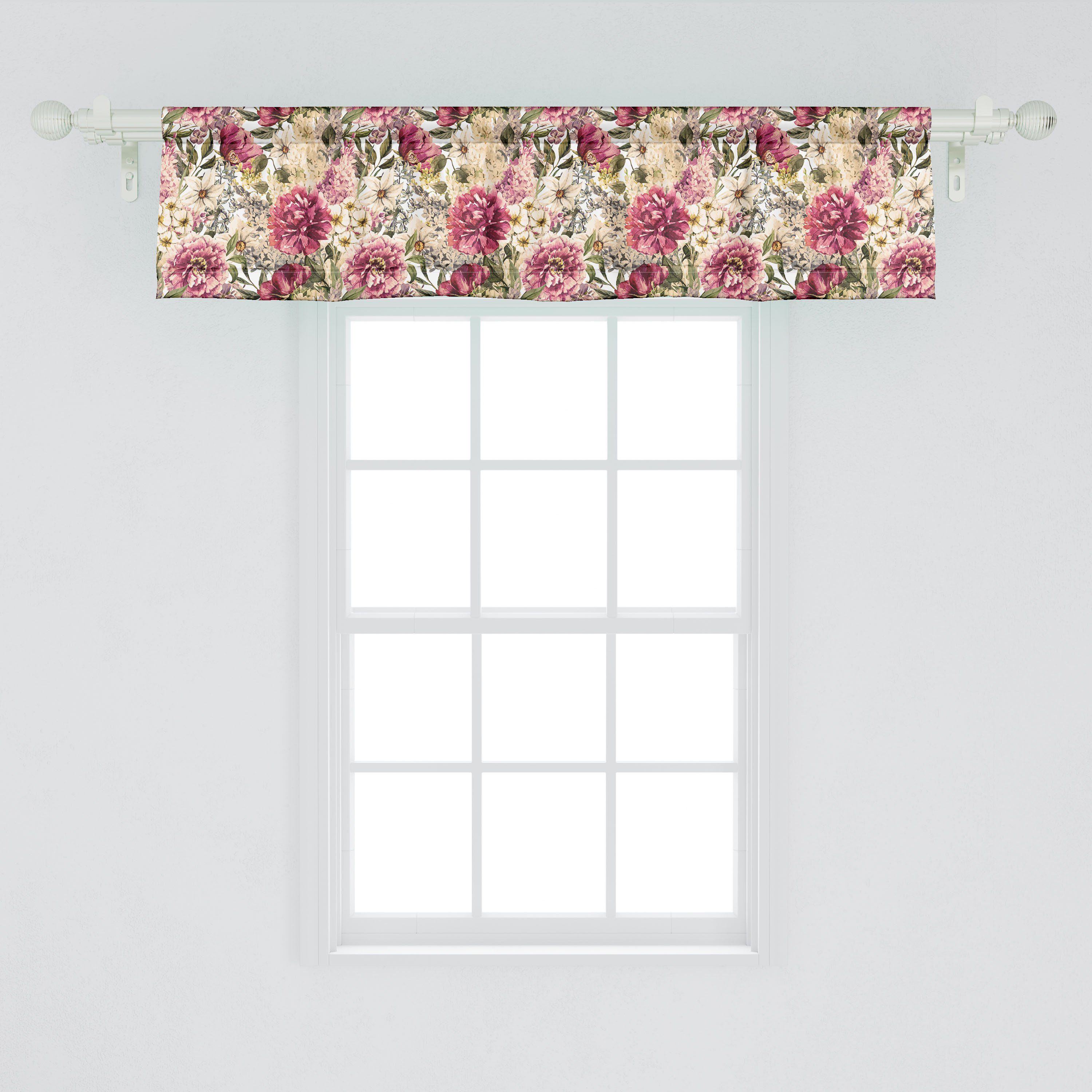 Motley für Vorhang Küche Dekor Schlafzimmer mit Blumen Stangentasche, Abakuhaus, Volant Frühlings-Blumen-Blätter Microfaser, Scheibengardine