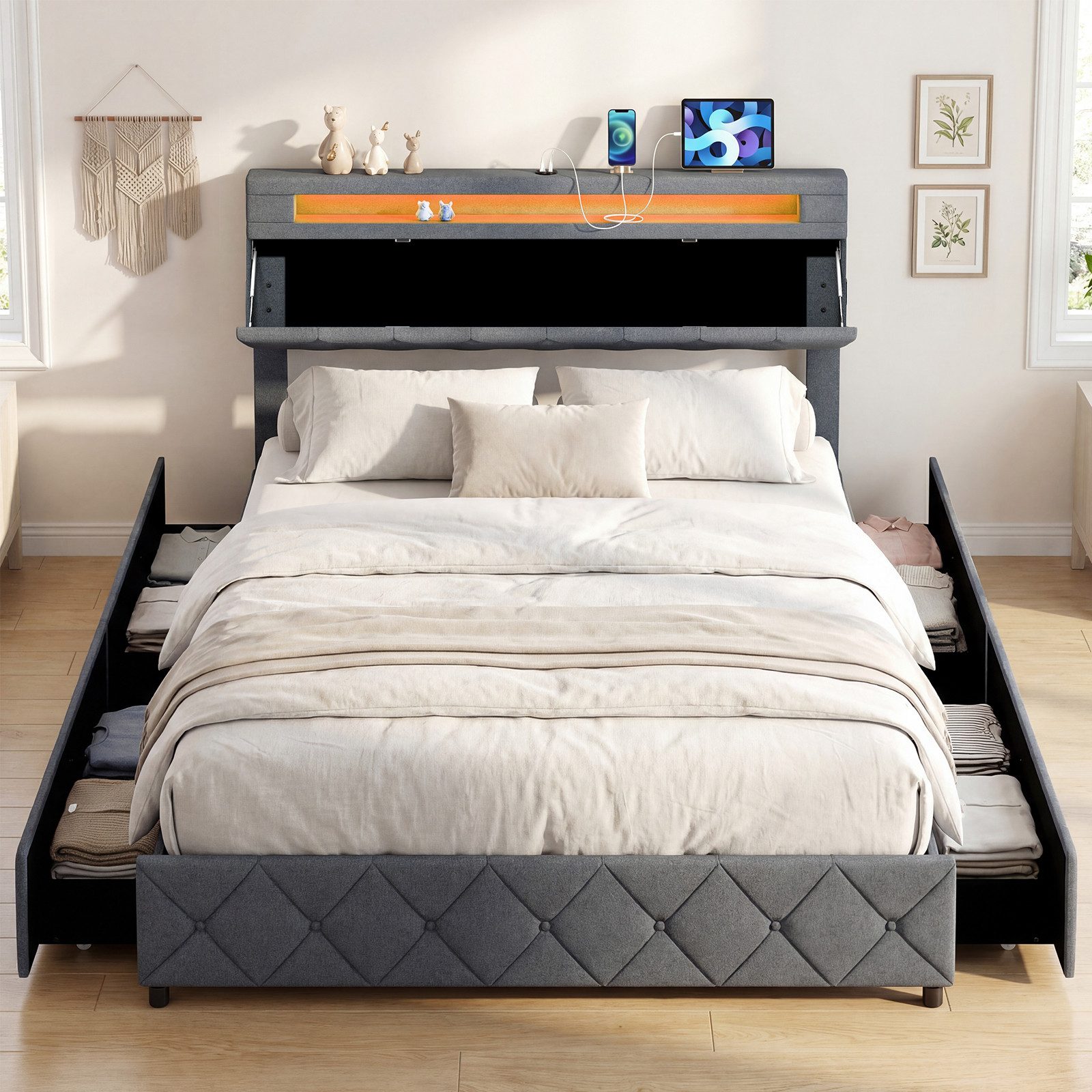 COSTWAY Polsterbett (1-tlg), Doppelbettgestell, mit LED, Ladestation, Schubladen, 160x200cm