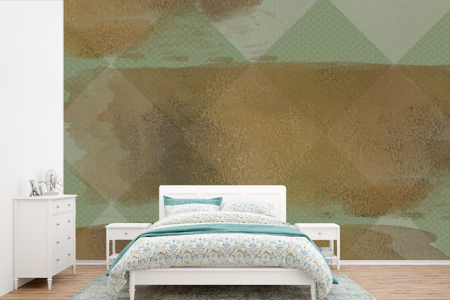 MuchoWow Fototapete Muster - Streifen - Gold - Grün, Matt, bedruckt, (6 St), Wallpaper für Wohnzimmer, Schlafzimmer, Kinderzimmer, Vinyl Tapete