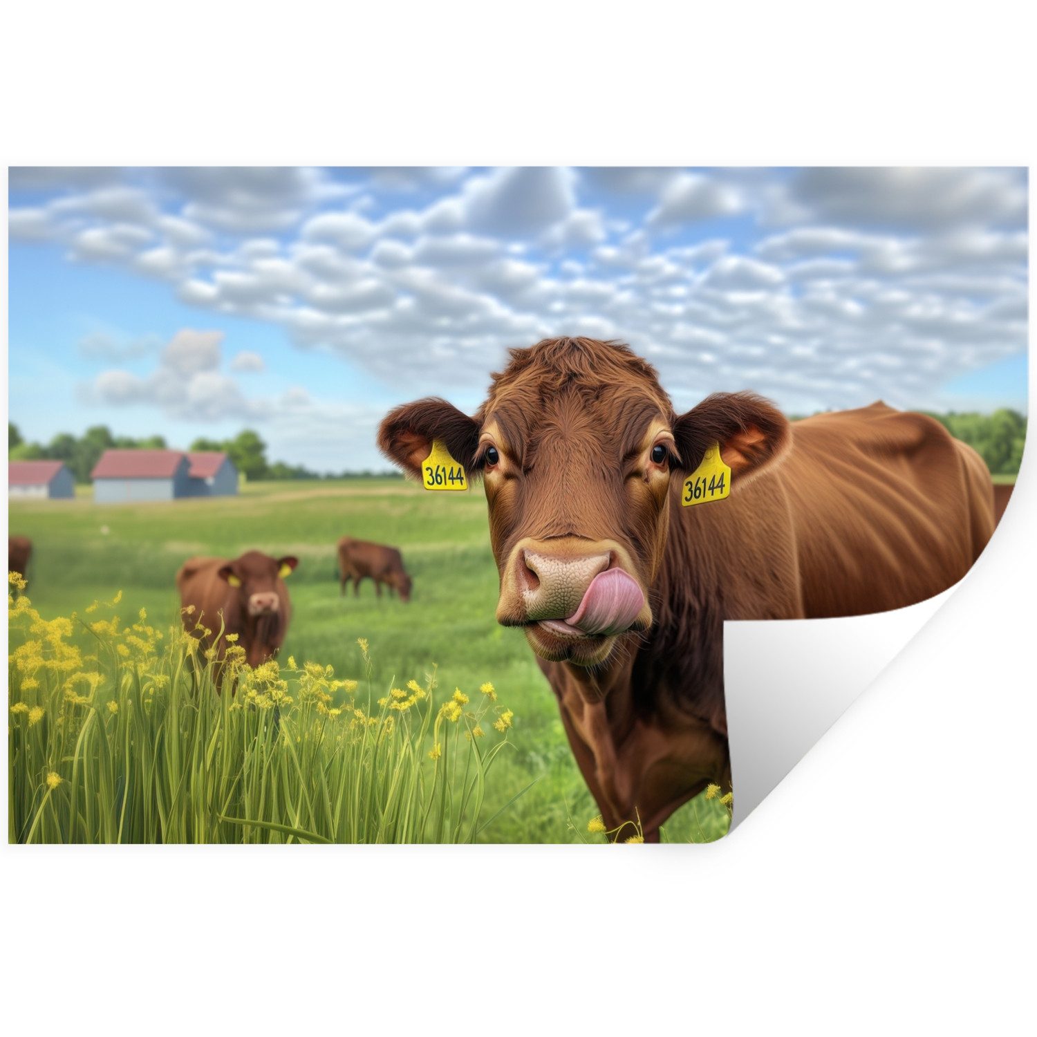 MuchoWow Wandsticker Kuh - Wiese - Blumen (1 St), Wandtattoo, Selbstklebend, Wohnzimmer, 30x20 cm