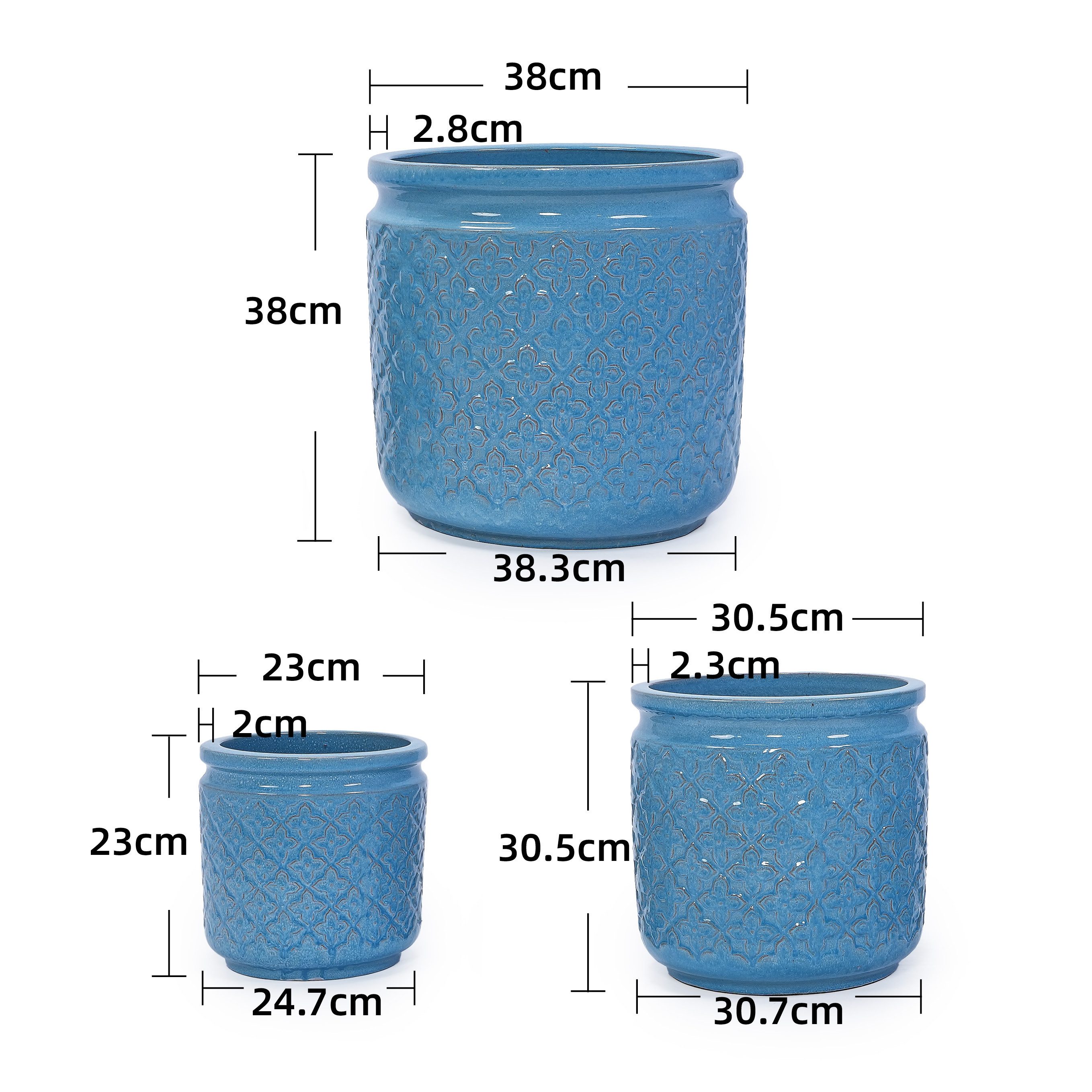 Celya Blumentopf 3-teiliges Keramikpflanztopf-Set (3st, Ø 38,1/30,5/22,9 cm, Eingebautes Abflussloch, aus atmungsaktiver Tonware), Für Innen- und Außenbereich geeignet