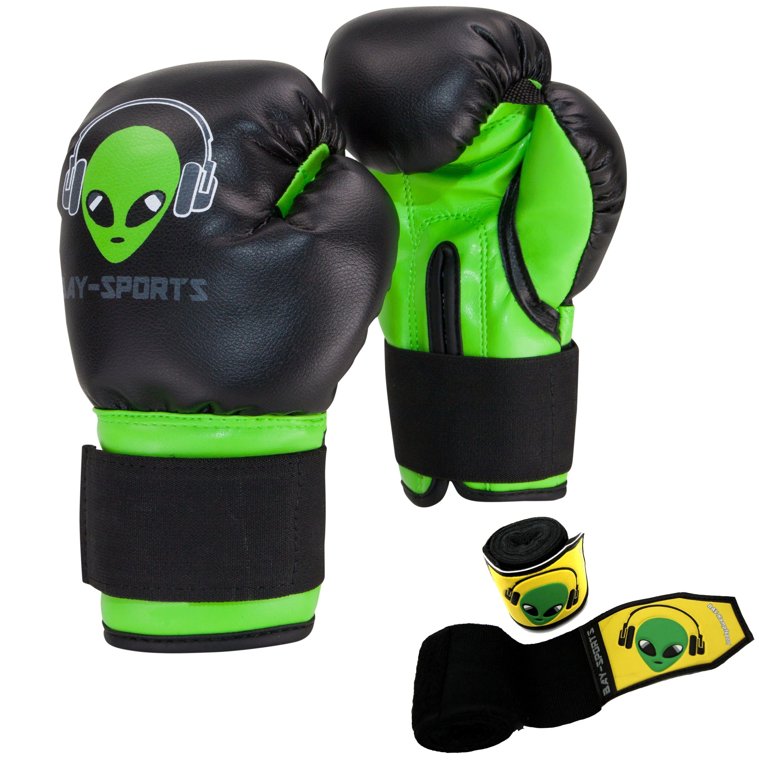 BAY-Sports Boxhandschuhe Set Alien Kinderboxhandschuhe Boxbandagen Kids Box-Bandagen Boxen (2x 1 Paar), Ein Spaß für alle Kinder, Lustiger Alien verbunden mit Funktionalität