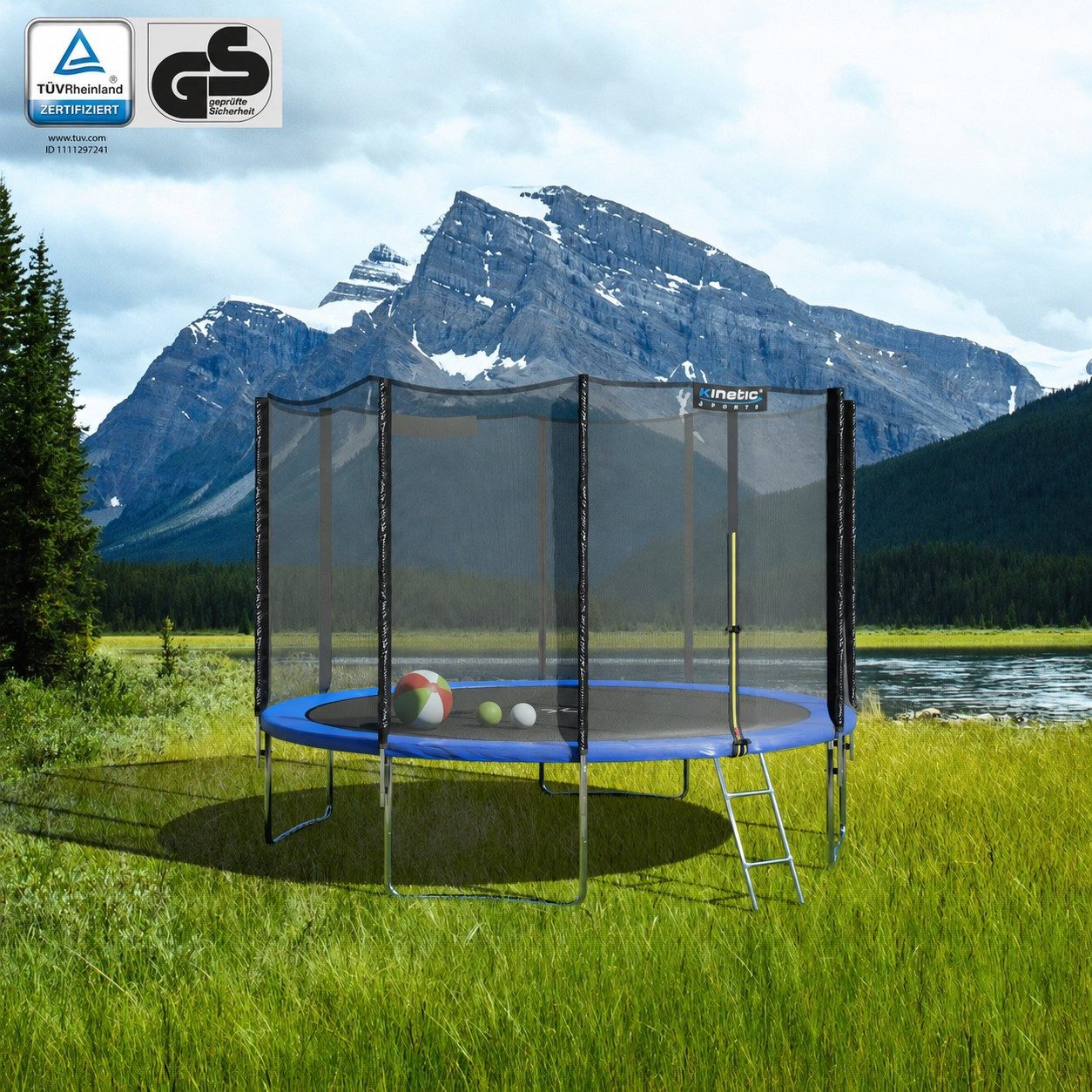 Kinetic Sports Gartentrampolin SALTO PLUS, Ø 183 cm, Komplett-Set mit Leiter, Regenplane, Einstiegsleiter