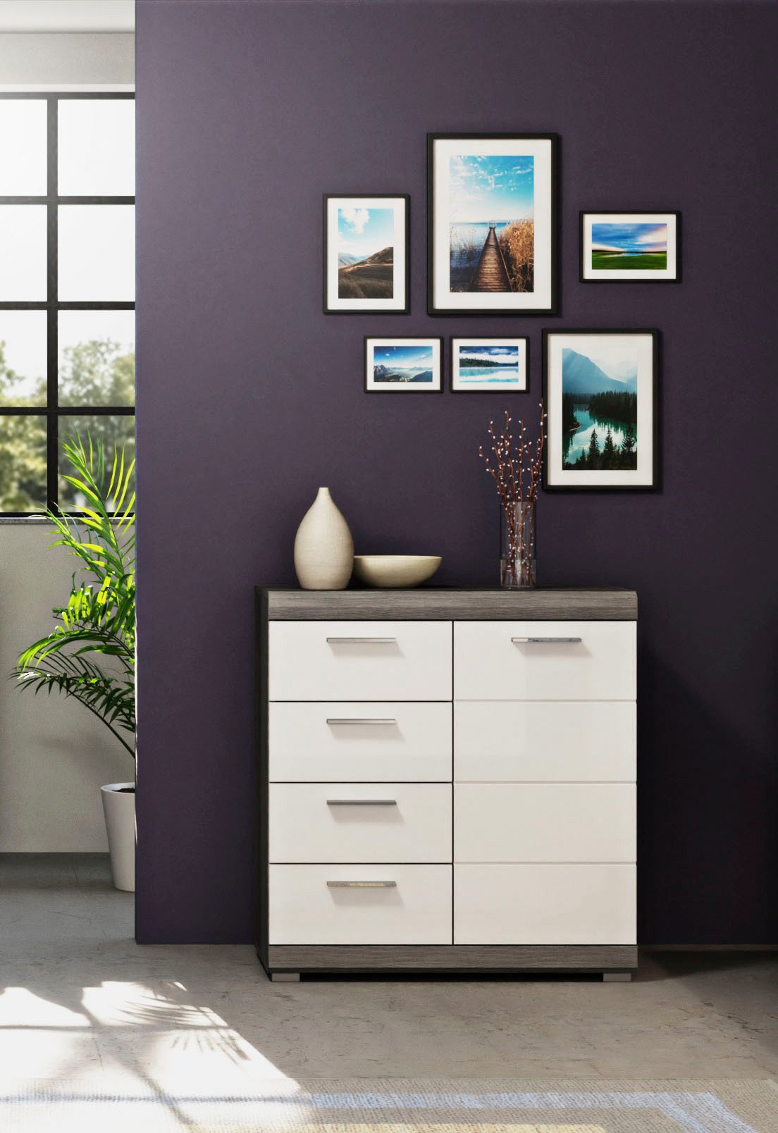 Home affaire Kommode SIENA, Breite 80 cm, 1 Tür, 2 Einlegeböden, 3 Fächer, 4 Schubkästen (hochwertige Rillenfräsung in MDF Front), Schuhkommode, Schuhschrank, Anrichte, Sideboard