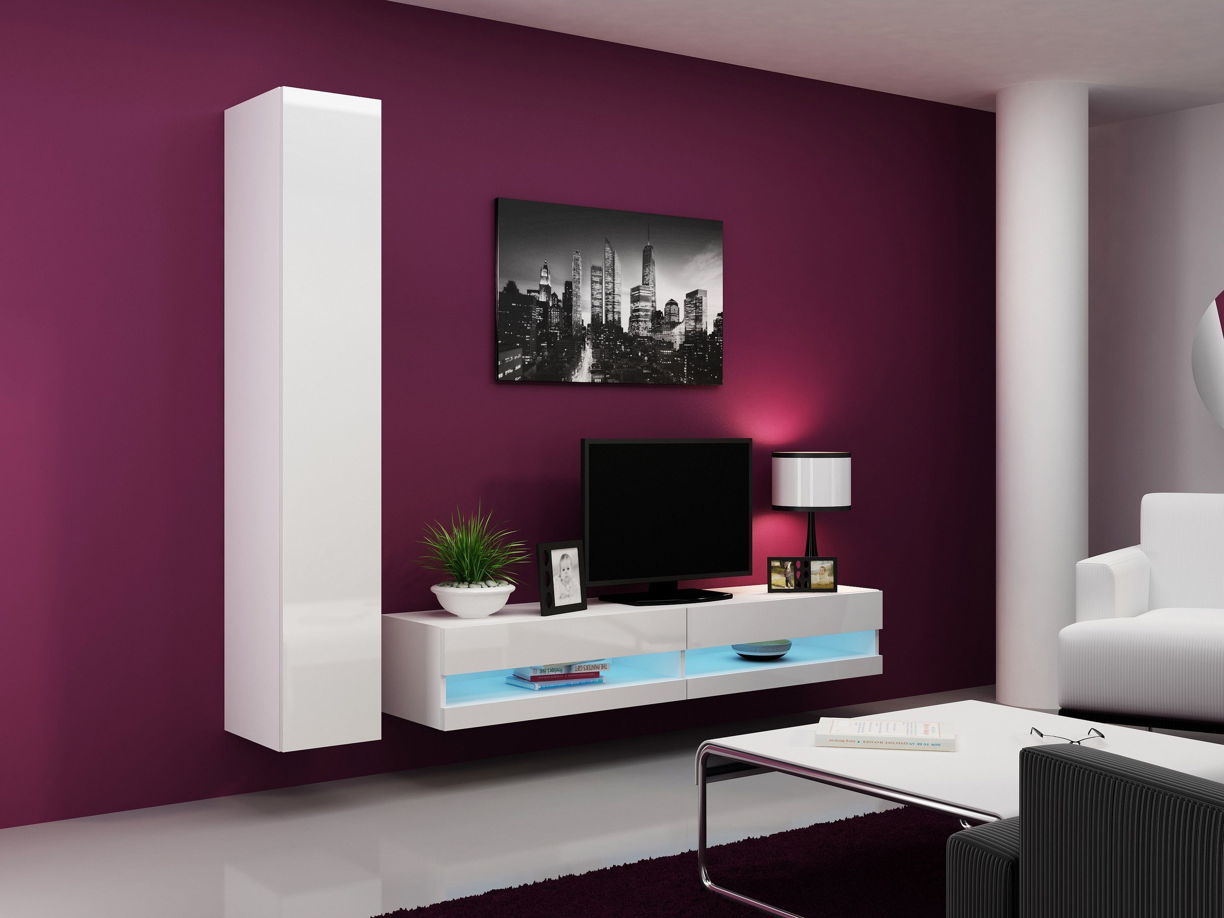 inkl. Wohnzimmer-Set), 1xLowboard und Wohnwand bestehend LED-Beleuchtung, mit Hochglanz Stylefy N Vago 1xHängeschrank, Push-to-Open, aus (2-St), Modern (Set Wohnmöbel, Weiß/Weiß Design IX,