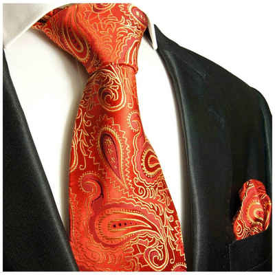 Paul Malone Krawatte Herren Seidenkrawatte mit Tuch modern paisley brokat 100% Seide (Set, 2-St., Krawatte mit Einstecktuch) Breit (8cm), rot gold 680