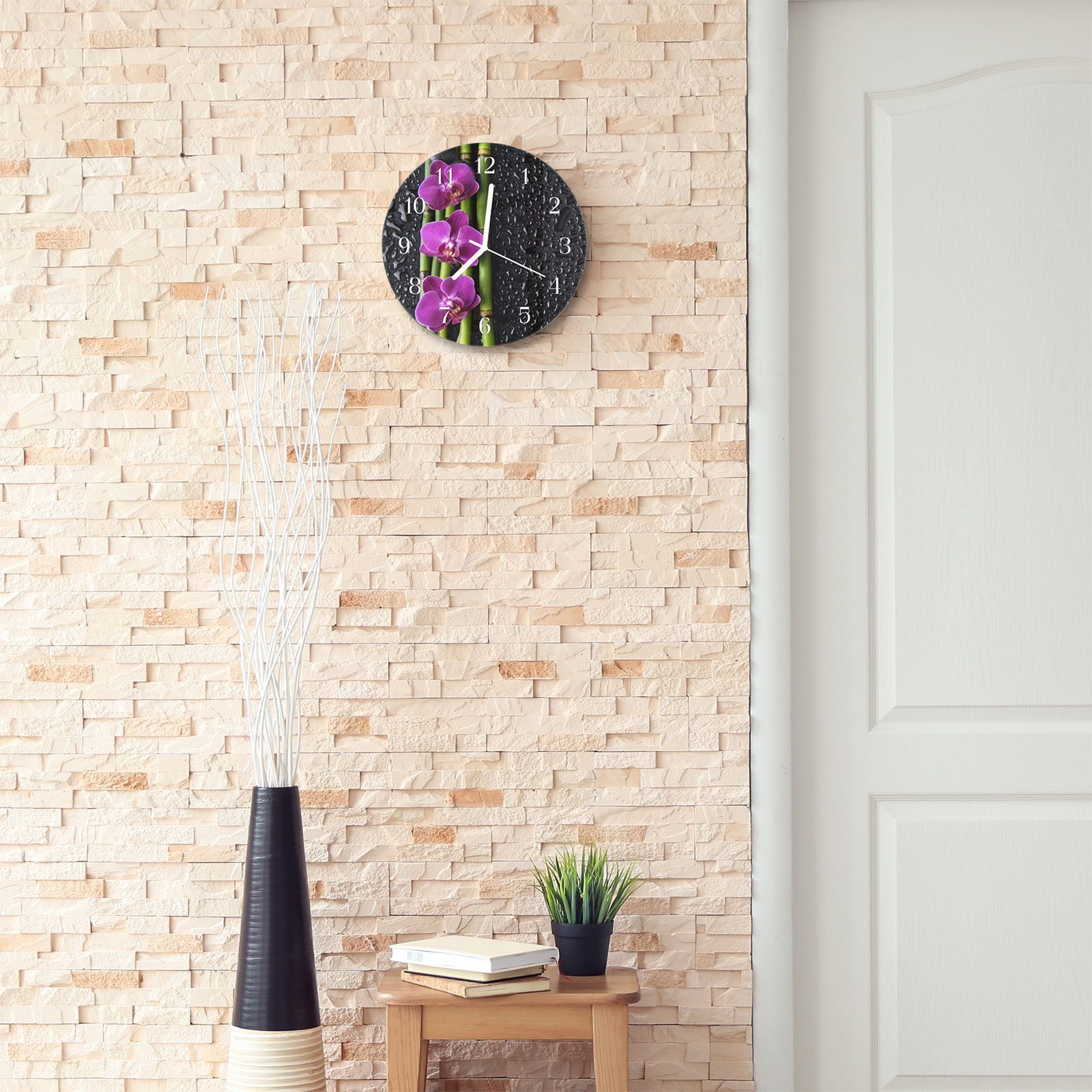 Bambus aus und - Wanduhr Wanduhr 30 cm Motiv Primedeco Rund auf Orchideenblätter Durchmesser mit Quarzuhrwerk Glas mit