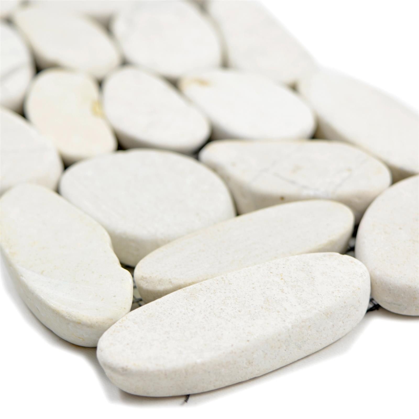 Mosafil Mosaikfliesen Flusskiesel Bordüre Chenoa Weiß 10x30cm, Naturstein 30.000x10.000, weiß, Verlegefertig auf ein Netz geklebt - Frostsicher - Wasserfest