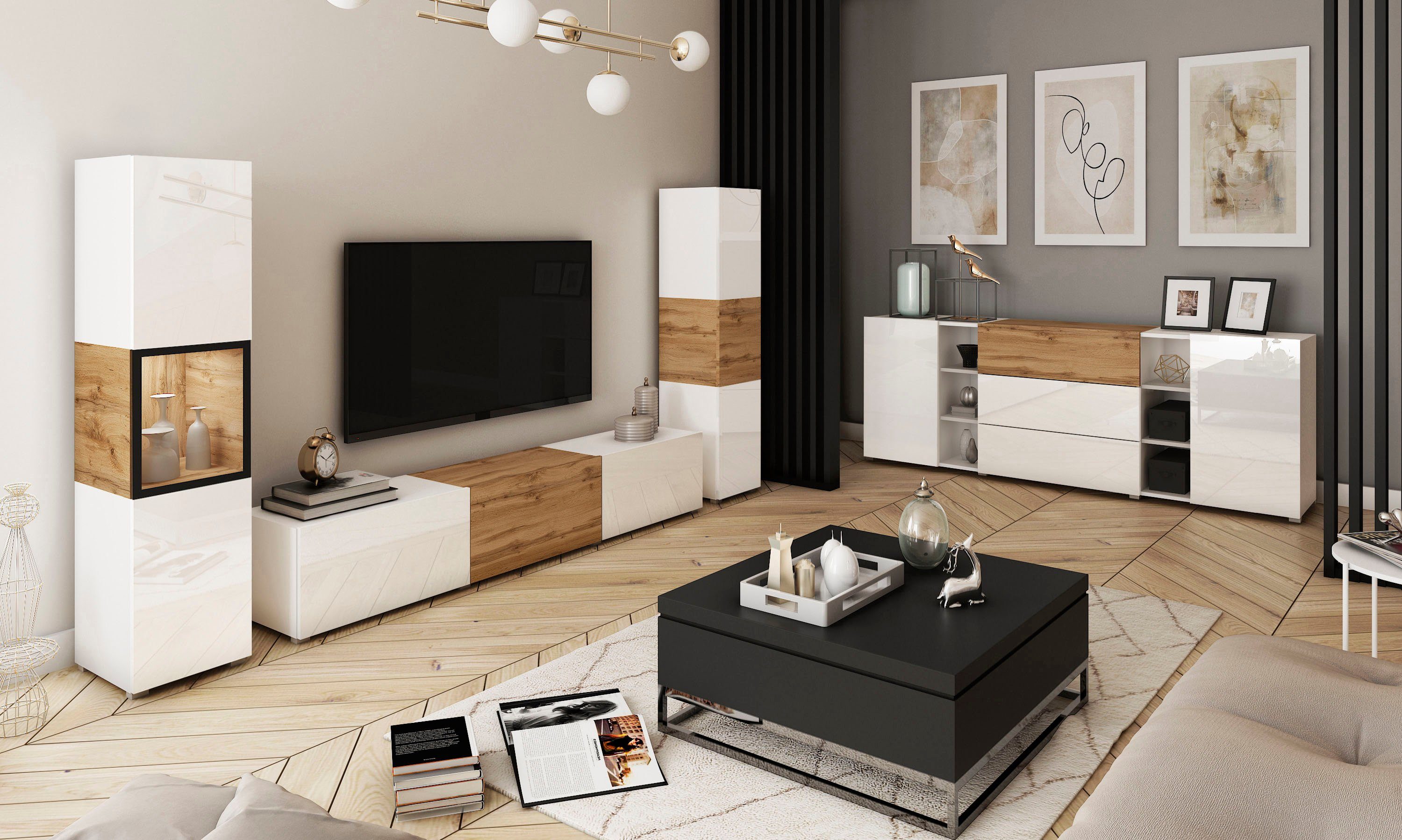 Home affaire Wohnwand BERLIN III, Vitrine Türschlag links/rechts wechselbar, (Komplett-Set, 3-St), moderne grifflose Mediawand Breite 260 cm, Vitrine mit Verglasung