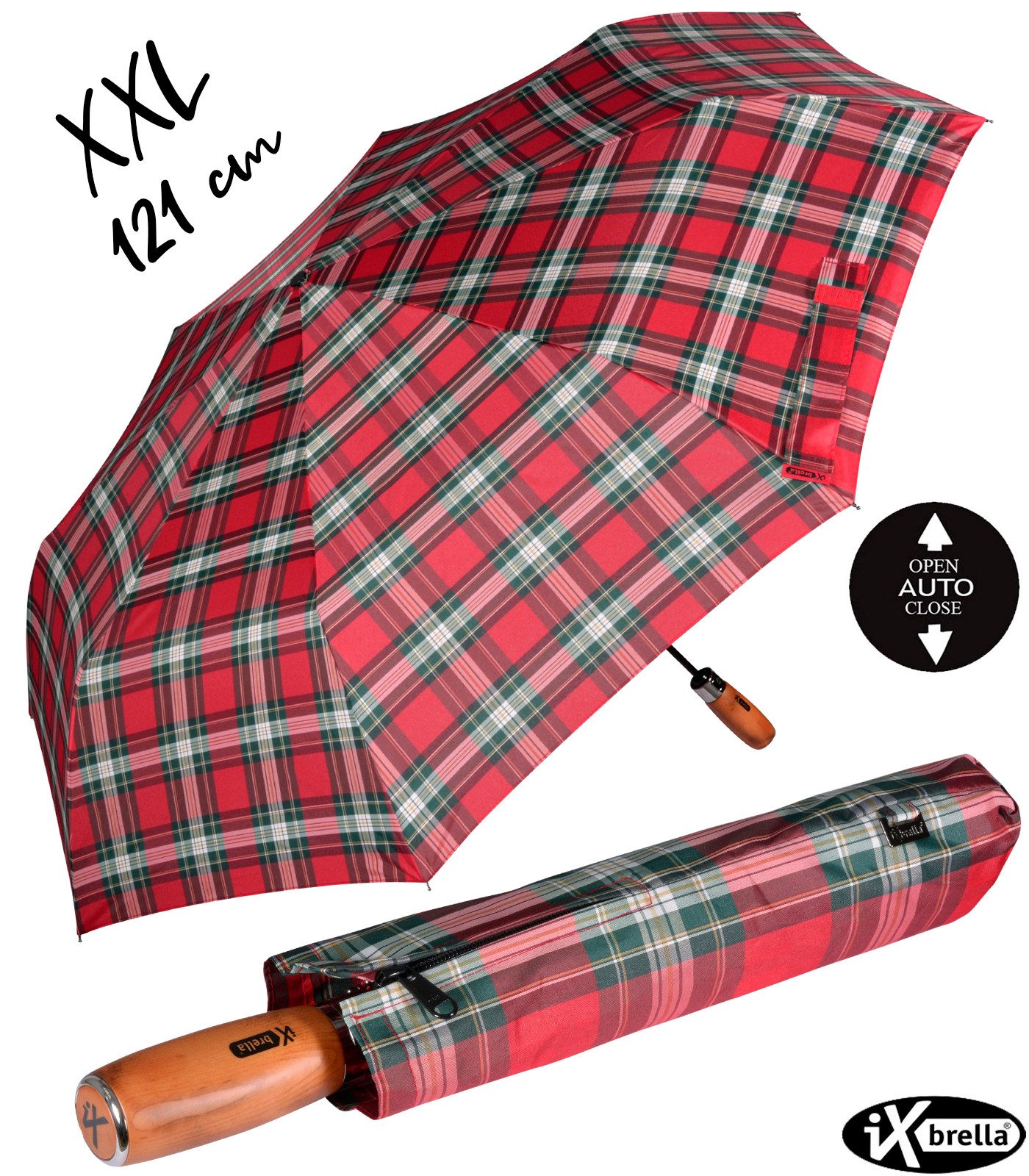 iX-brella Taschenregenschirm XXL 121 cm Durchmesser mit Auf-Zu-Automatik, mit echtem Holz-Stabgriff