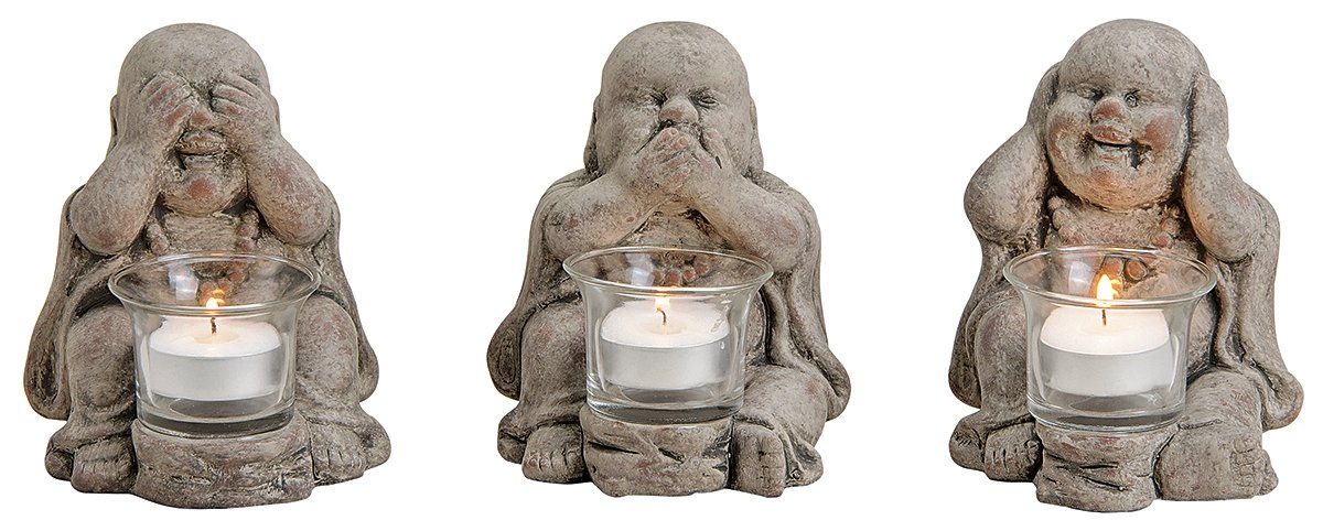 Gartenfigur, Glücks-Buddha Teelichthalter Kerzenständer 3er-Set Teelichthalter Ton aus NAME NO