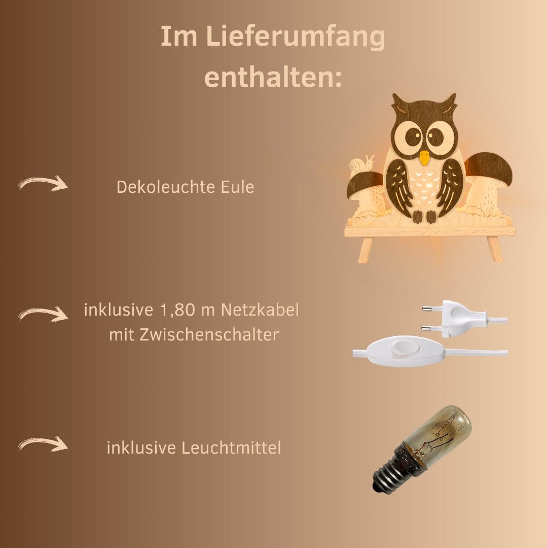 Weigla Dekolicht Eule, Dekolampe aus Holz, NATUR-BRAUN, Made in Germany, Leuchtmittel wechselbar, Erzgebirge garantiert, Herbstdeko innen, Tischlampe