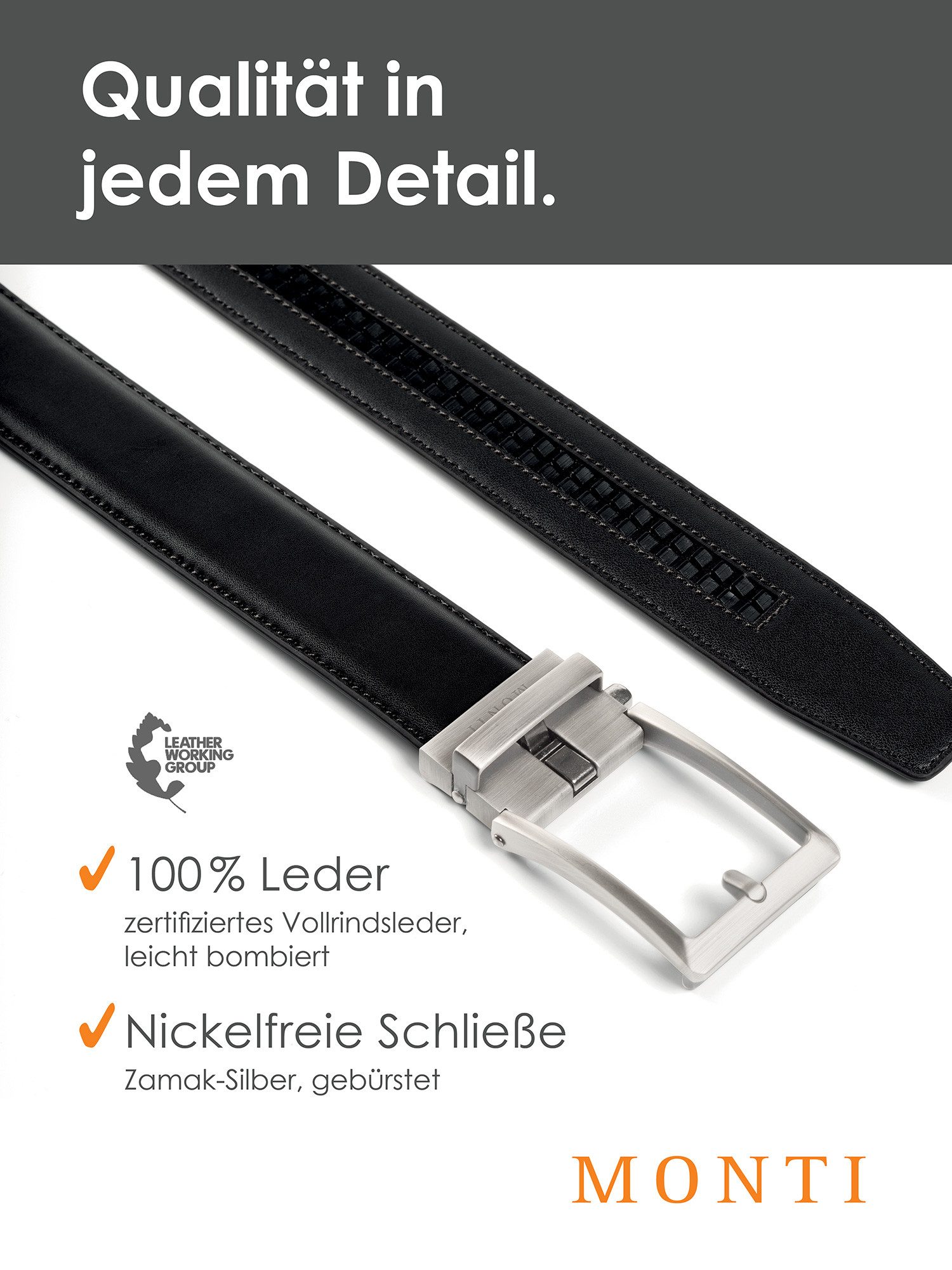 MONTI Ledergürtel 3,5 cm breit, Klassisch-Business, Automatikschließe - Passt immer