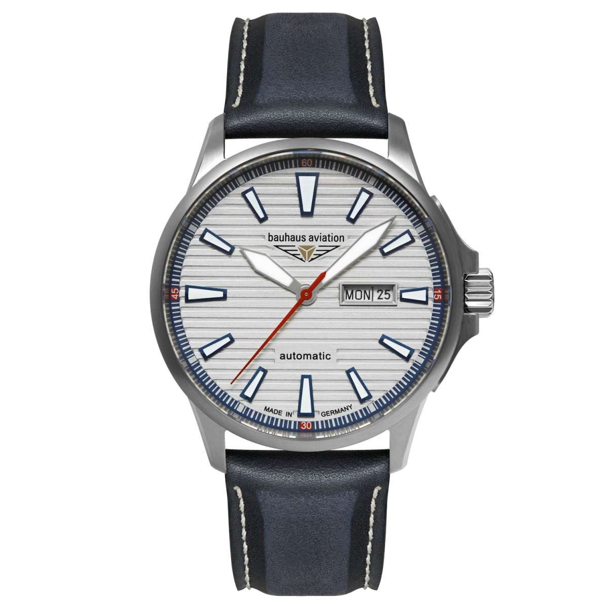 bauhaus Automatikuhr 2862-1, Herrenuhr Aviation Iron Annie Automatik Titan/Leder Blau