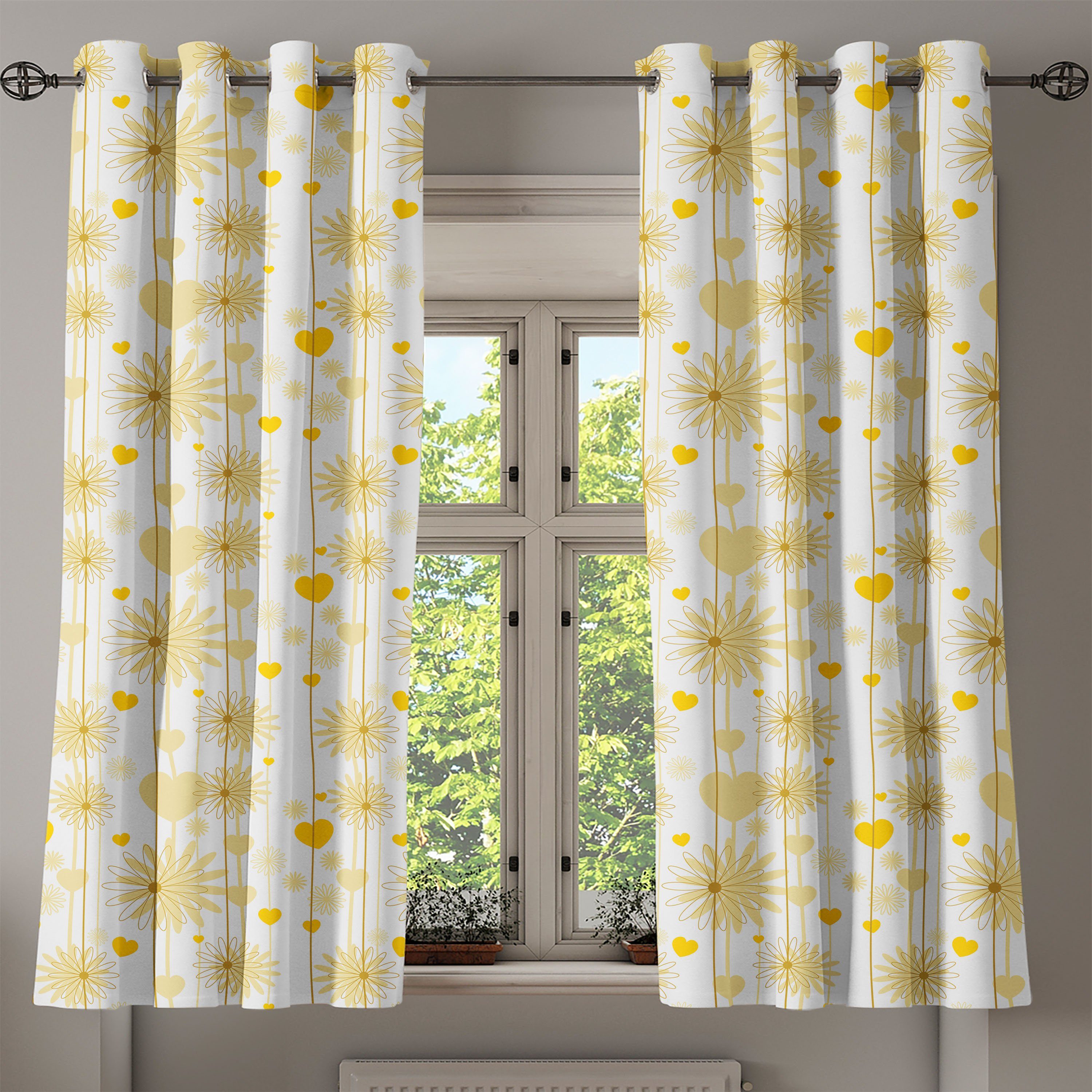Gardine Floral Wohnzimmer, Valentines Abakuhaus, Dekorative Gelb für Schlafzimmer 2-Panel-Fenstervorhänge Design