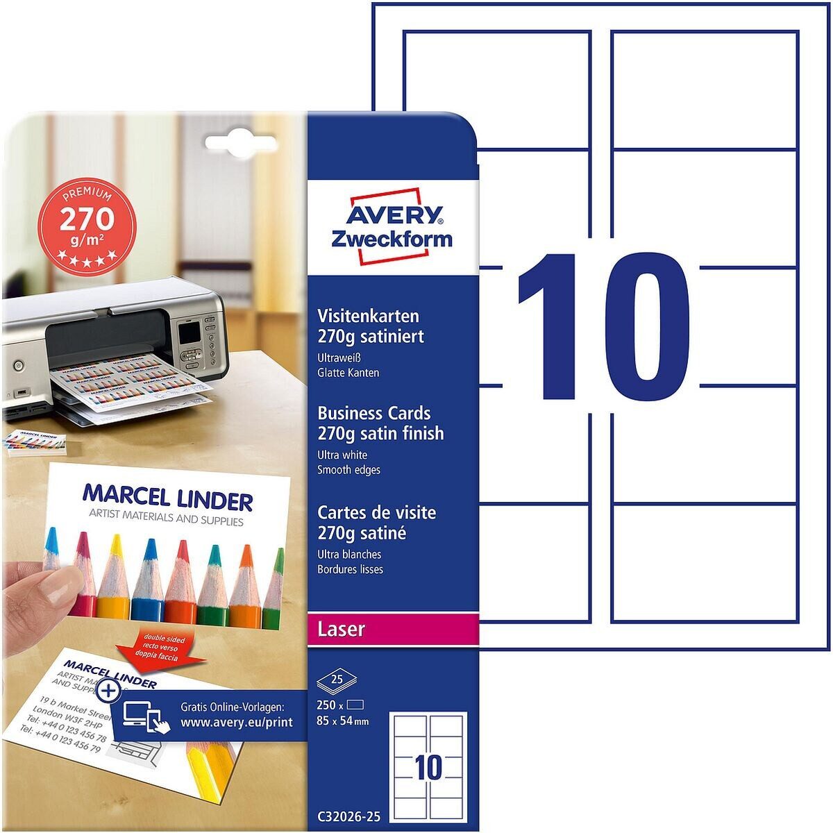 Avery Zweckform Visitenkarten C32026-25, ultraweiß-satiniert, ohne Perforation, 270 g/m²