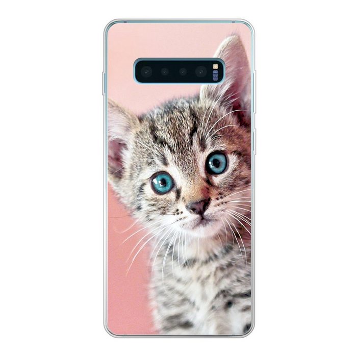 MuchoWow Handyhülle Kätzchen - Blau - Rosa Phone Case Handyhülle Samsung Galaxy S10+ Silikon Schutzhülle