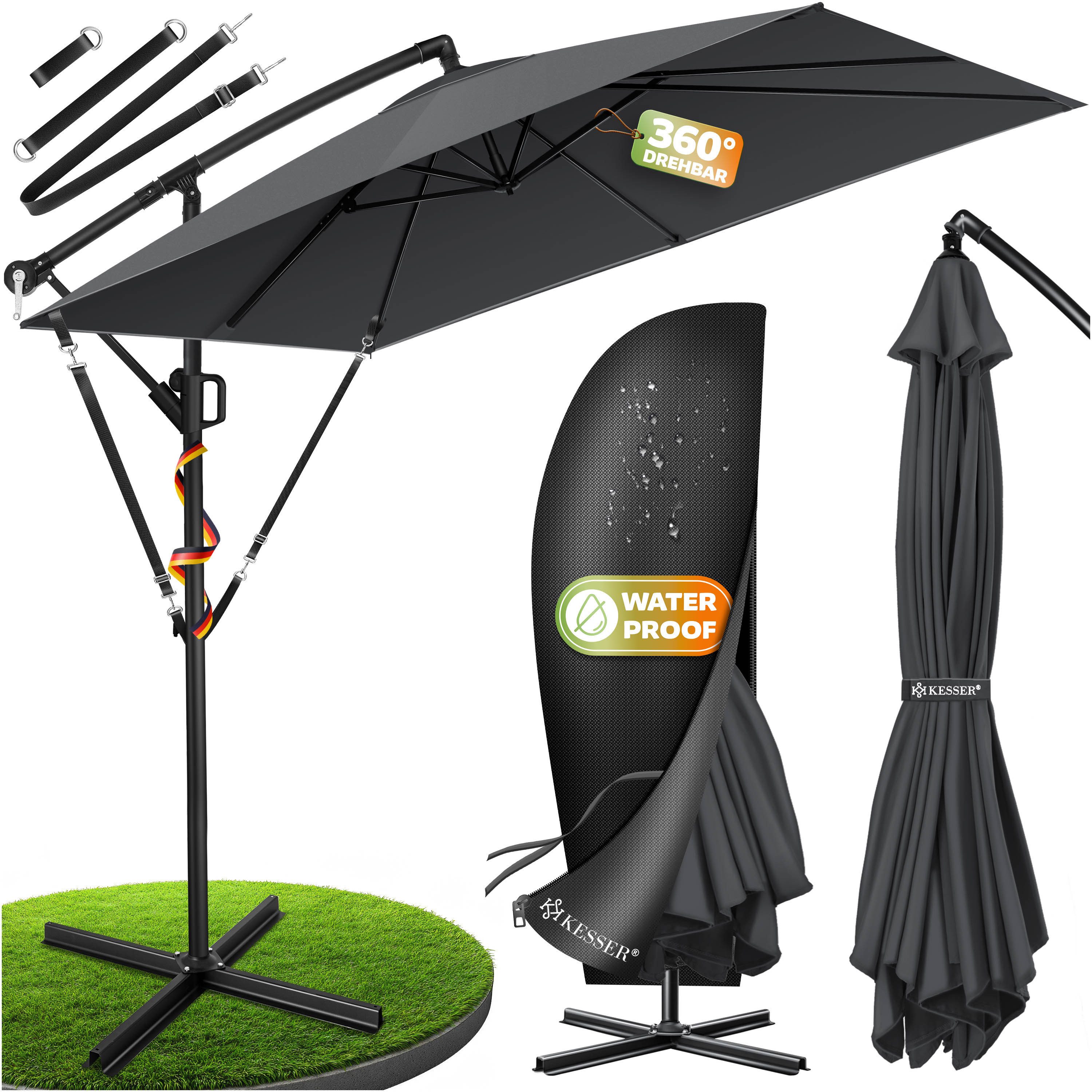 KESSER Ampelschirm, Ø350cm Sonnenschirm inkl. Abdeckung & Wind- & wetterfest