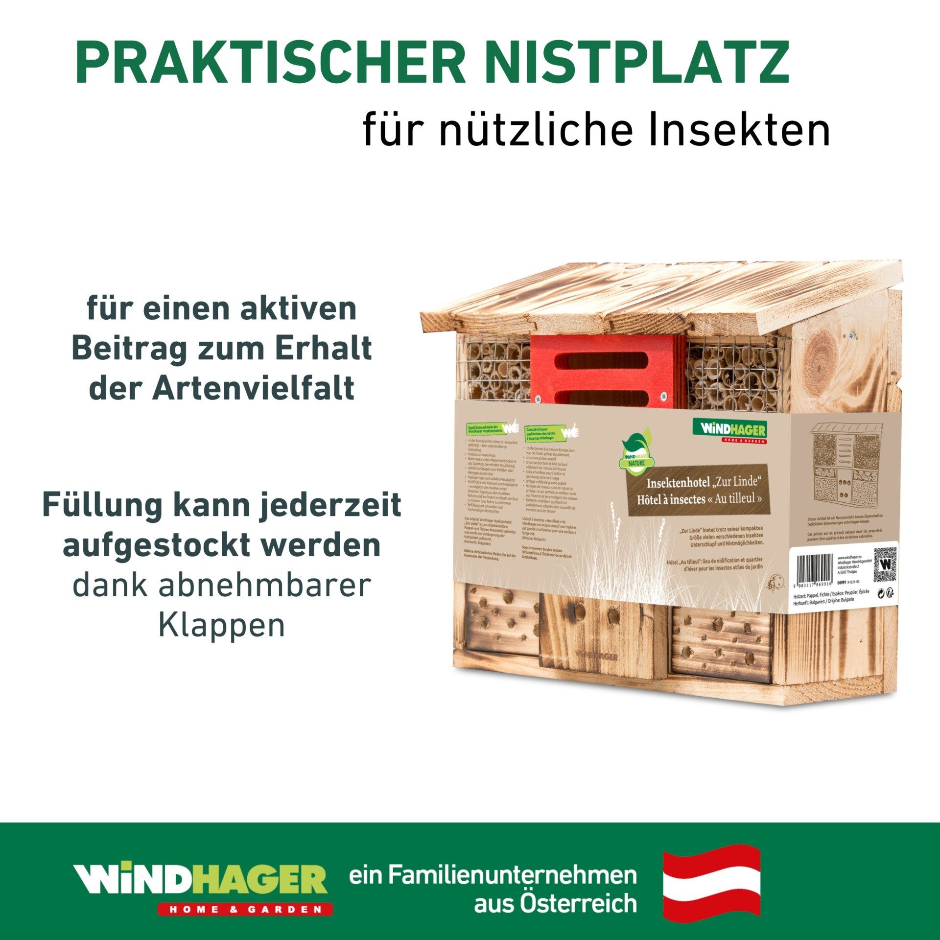 Windhager Insektenhotel zur Linde, Schutz für Insekten, Wildbienen, Marienkäfer, (1-St), Nistplatz aus Massivholz, Insektenhaus 27 x 30 x 13,5 cm