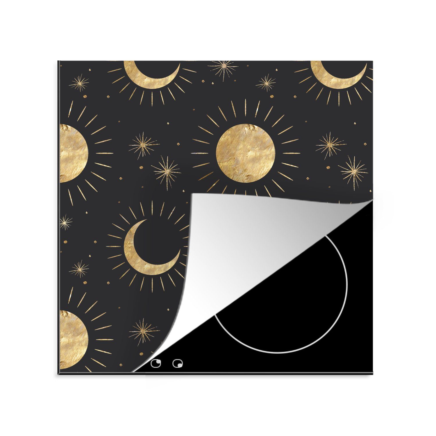 MuchoWow Herdblende-/Abdeckplatte Muster - Mond - Sonne - Gold, Vinyl, (1 tlg), 78x78 cm, Ceranfeldabdeckung, Arbeitsplatte für küche