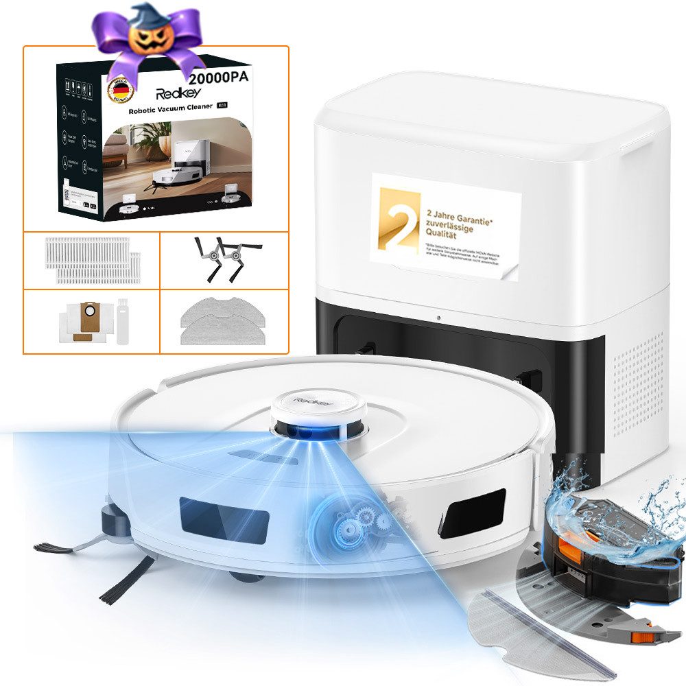 Redkey Saugroboter 20000 Pa 2026 Saugroboter mit Wischfunktion und Absaugstation AI App, 36 W, beutellos,mit Beutel, mit Staubabsaug-undSelbstreinigungsfunktion, Appsteuerung