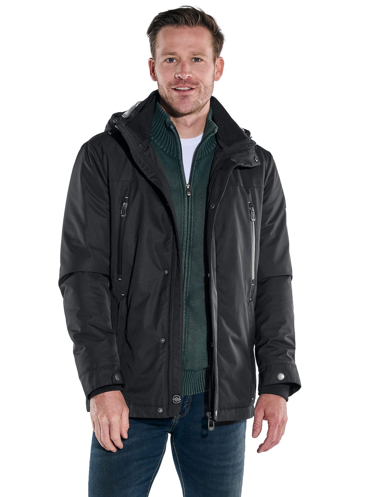 Langjacke engbers Herren Funktionsjacke mit abnehmbarer Kapuze, Schwarz