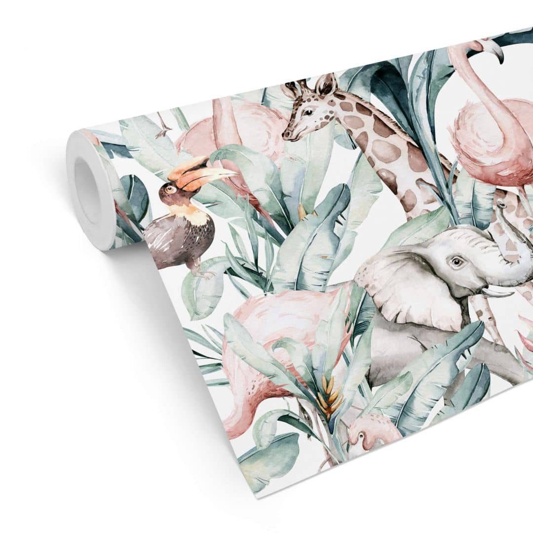 K&L Wall Art Mustertapete Kinder Schlafzimmer Dschungel Tiere Elefant Giraffe Papagei Tukan, Dschungeltiere Tapete