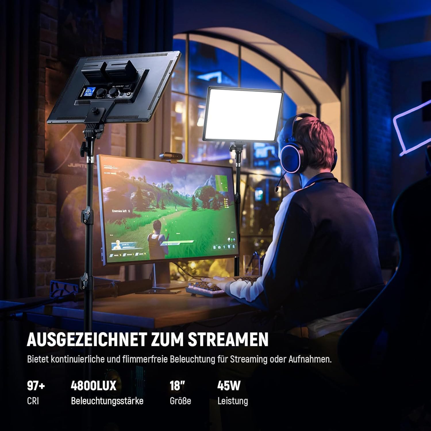 Neewer Videoleuchte 2 STK 18" LED Videolicht Panel Set, 45W Dimmbar Streaming licht, 3200K-5600K, CRI 97+ 4800Lux, mit Fernbedienung & Lichtständer