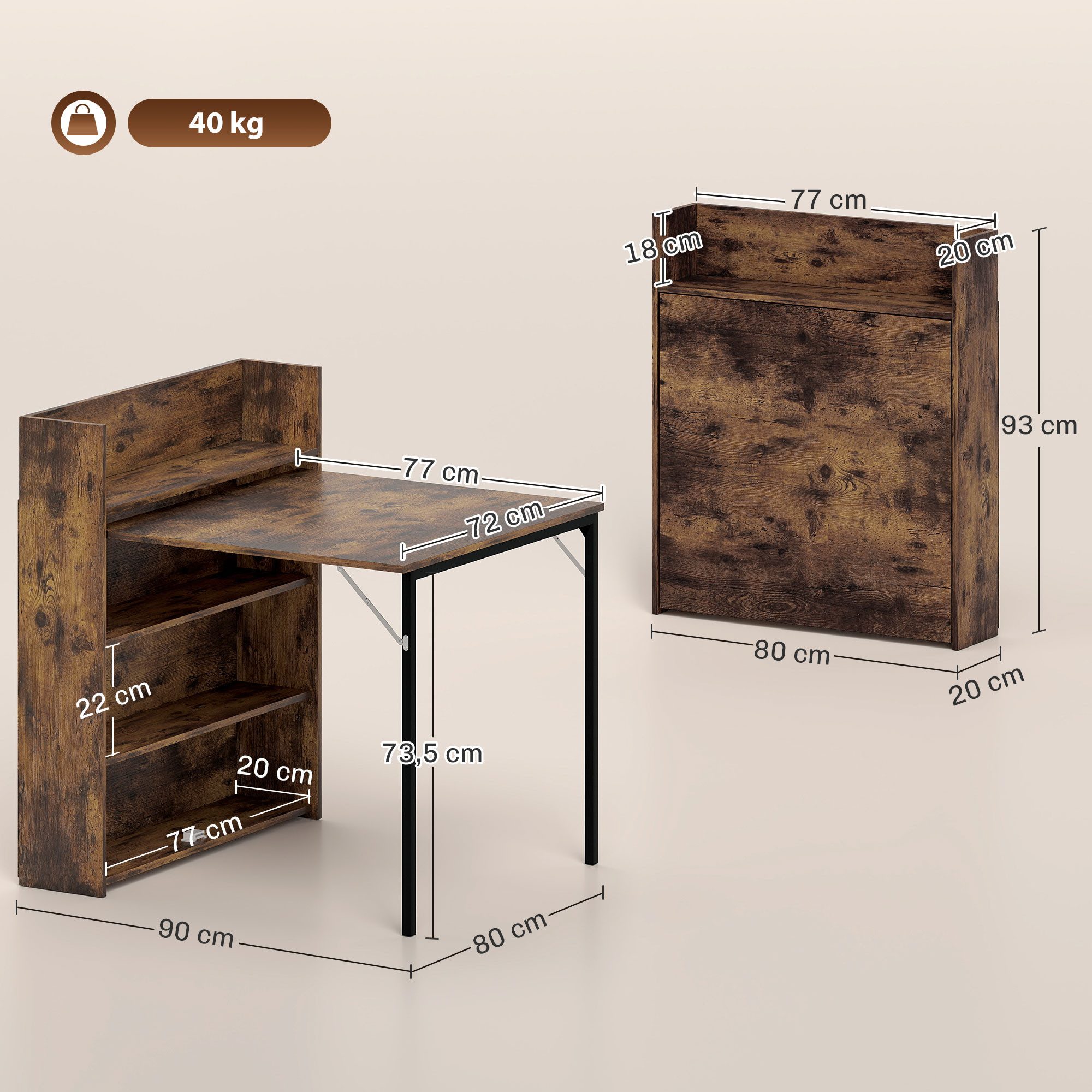 HOMCOM Klapptisch Esstisch Klappbar für 3 Personen mit 4-stufigen Regalen (Esszimmertisch, 1-St., Küchentisch), für kleine Räume, Küche, Esszimmer, 80 x 90 x 93 cm, Rustikal-Braun