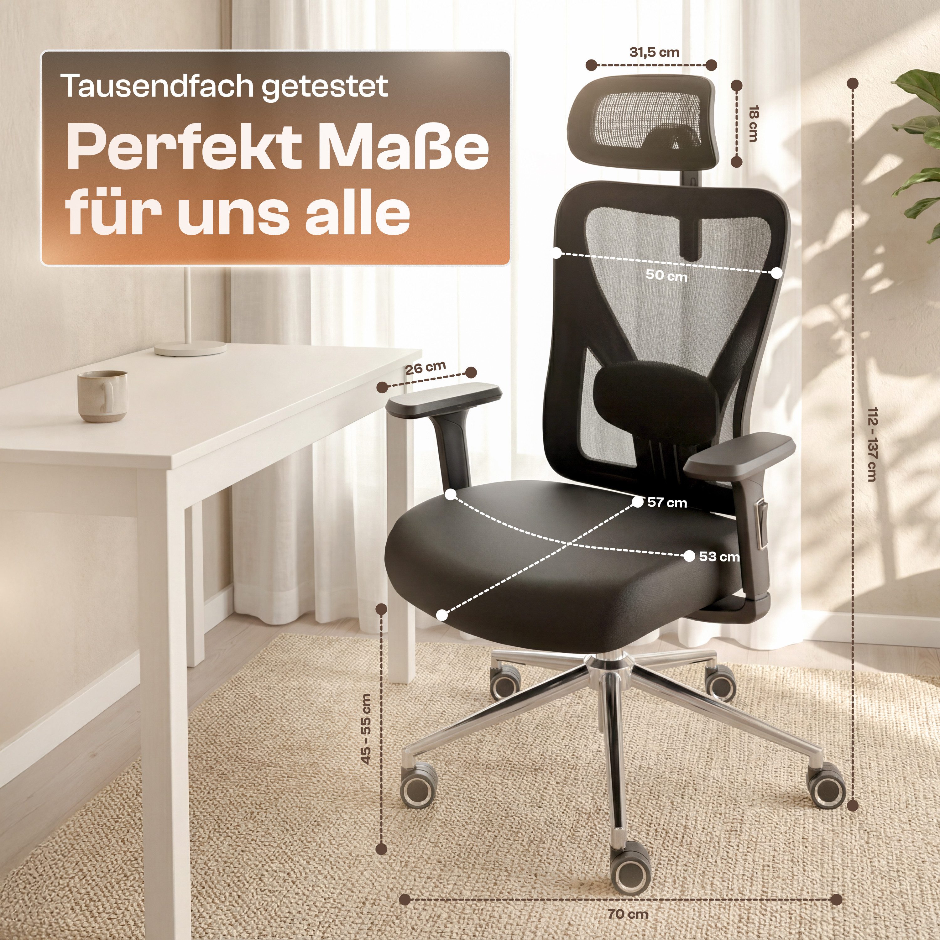 LUTIVO Bürostuhl Ergonomisch & Individuell Anpassbar, Home Office Schreibtischstuhl (Bürostuhl Alpha, Bravo), Einstellung für Sitzhöhe, Kopfstütze, Armlehnen un – Bild 3 von 5