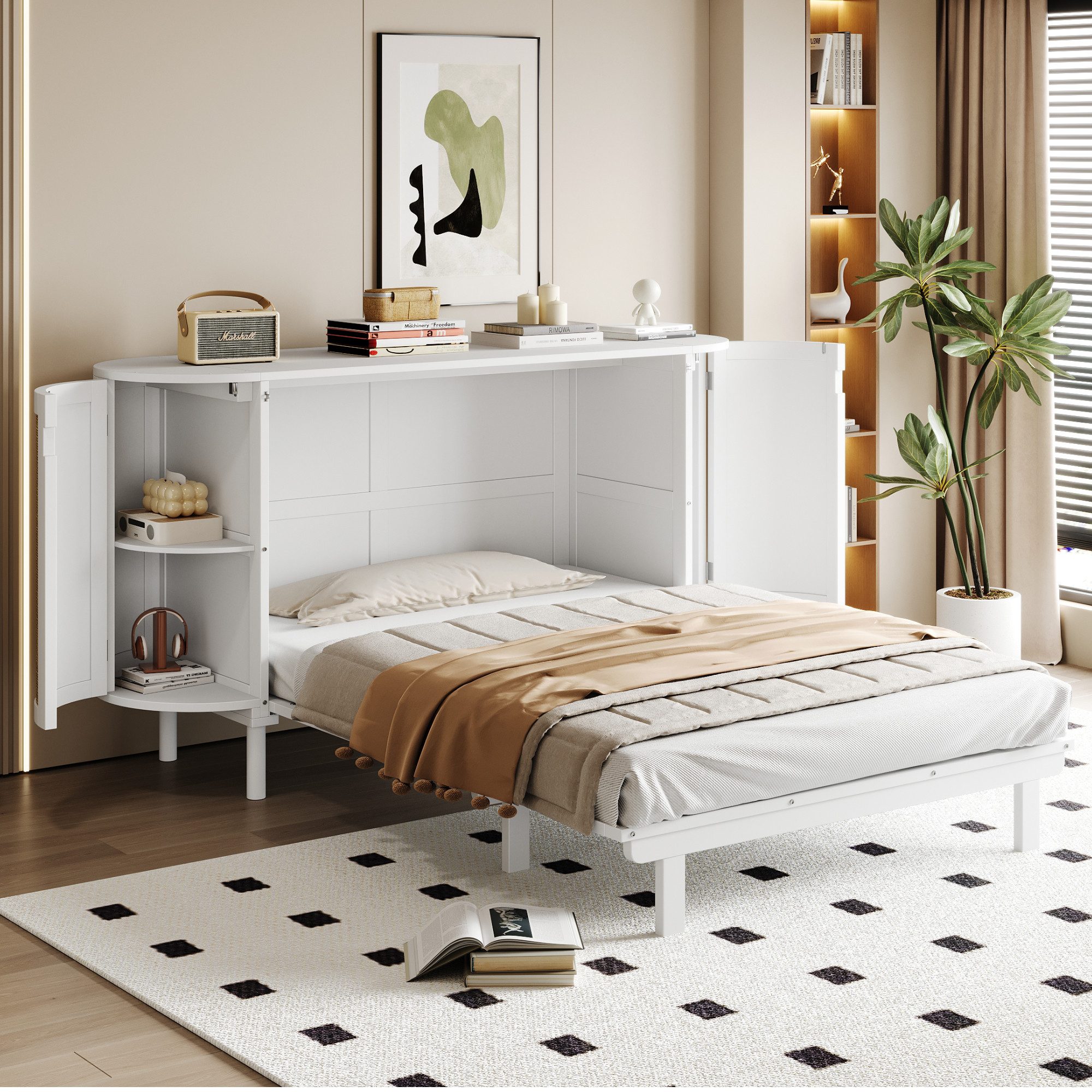 Flieks Schrankbett Wandbett Klappbett Holzbett Rattan-Design 140x200cm mit Staufächern