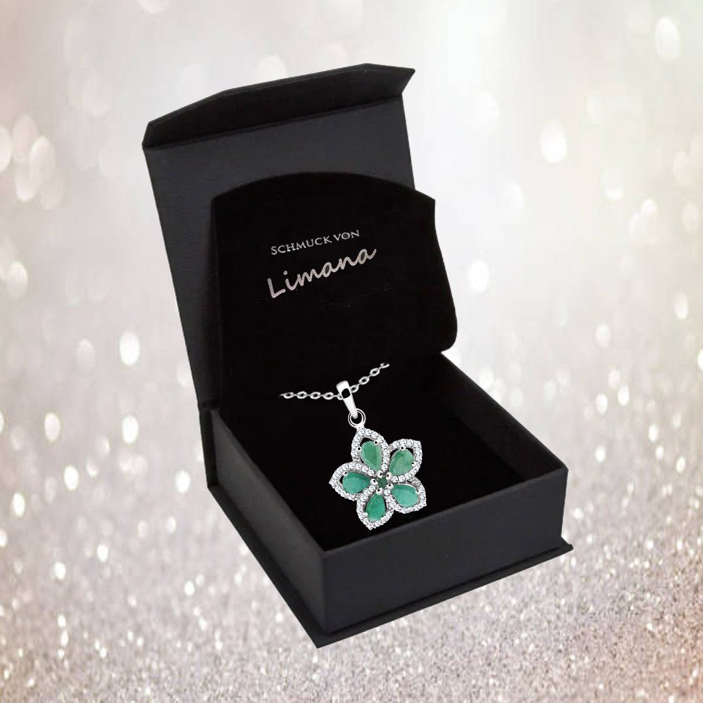 Limana Kette mit Anhänger Blumenkette Damen Smaragd Saphir 925 Silber Geschenk für Frauen (Freundin Mama Ehefrau inkl. Schmuckdose und Tasche), Geburtstag Jahrestag Weihnachten Valentinstag Muttertag Hochzeitstag