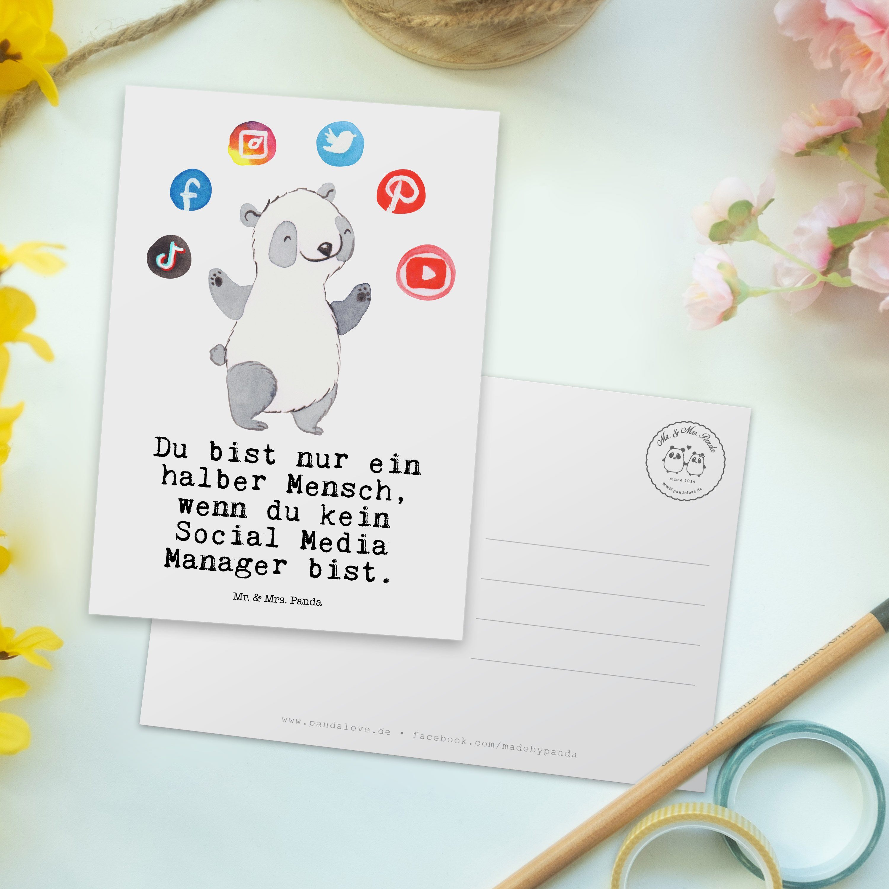Weiß Social Geburtstagska Mrs. Herz mit Postkarte - Media Geschenk, - & Danke, Mr. Manager Panda