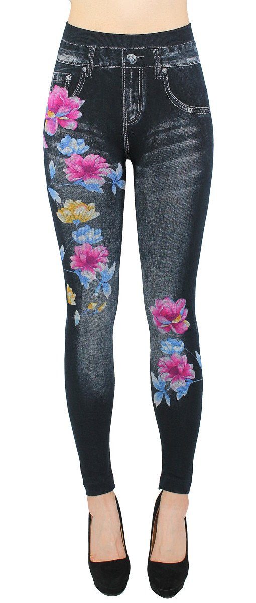 Jeans in Leggings Jeansleggings High JL414-SpringFlowersBLACK Damen Bund Jeggings elastischem dy_mode mit Bequem Waist Jeggings Optik
