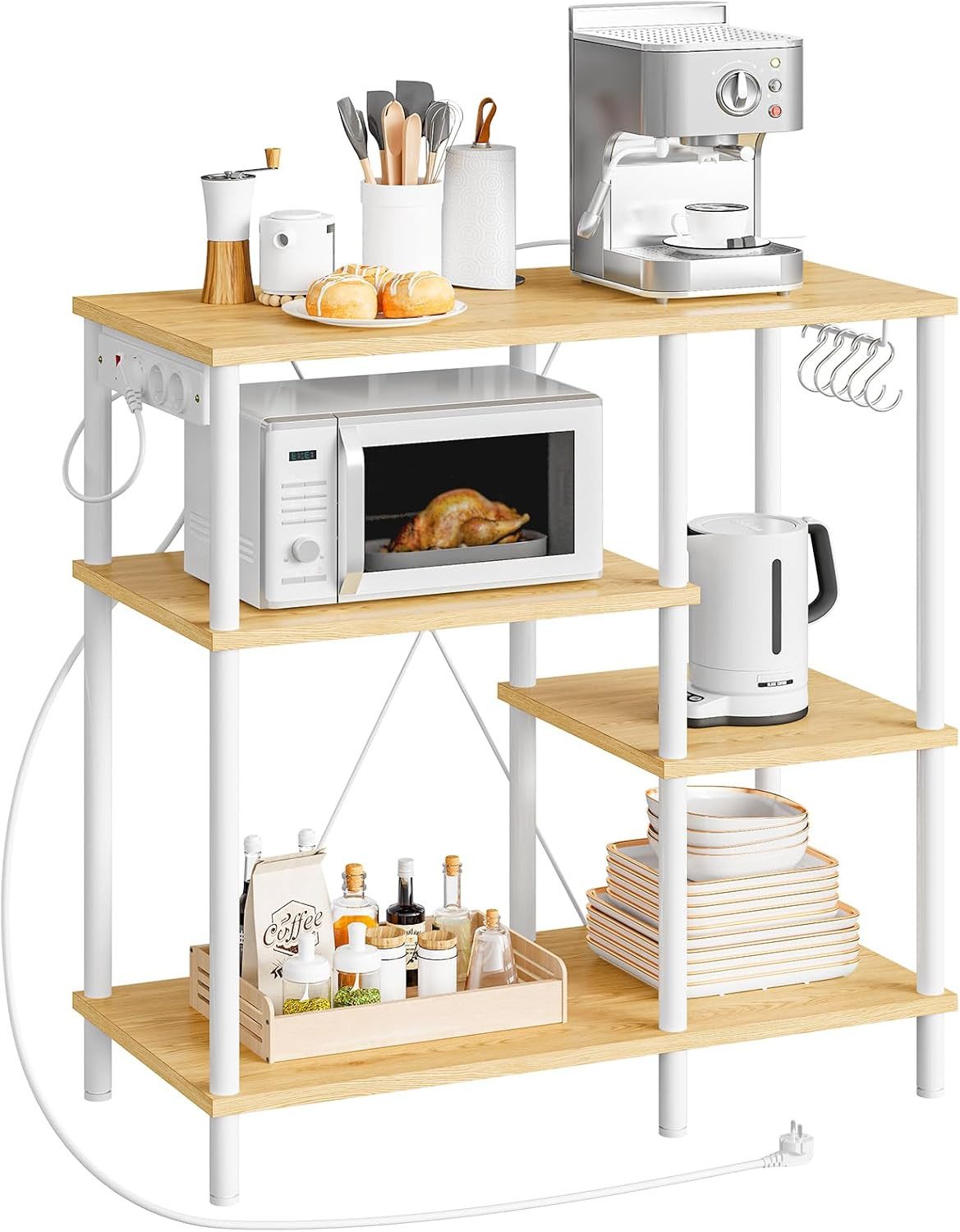 Hoobro Küchenregal Standregal mit Steckdosen, Bäckerregal mit 5 S-Haken, Mikrowellen-Regal, 38 x 80 x 86 cm