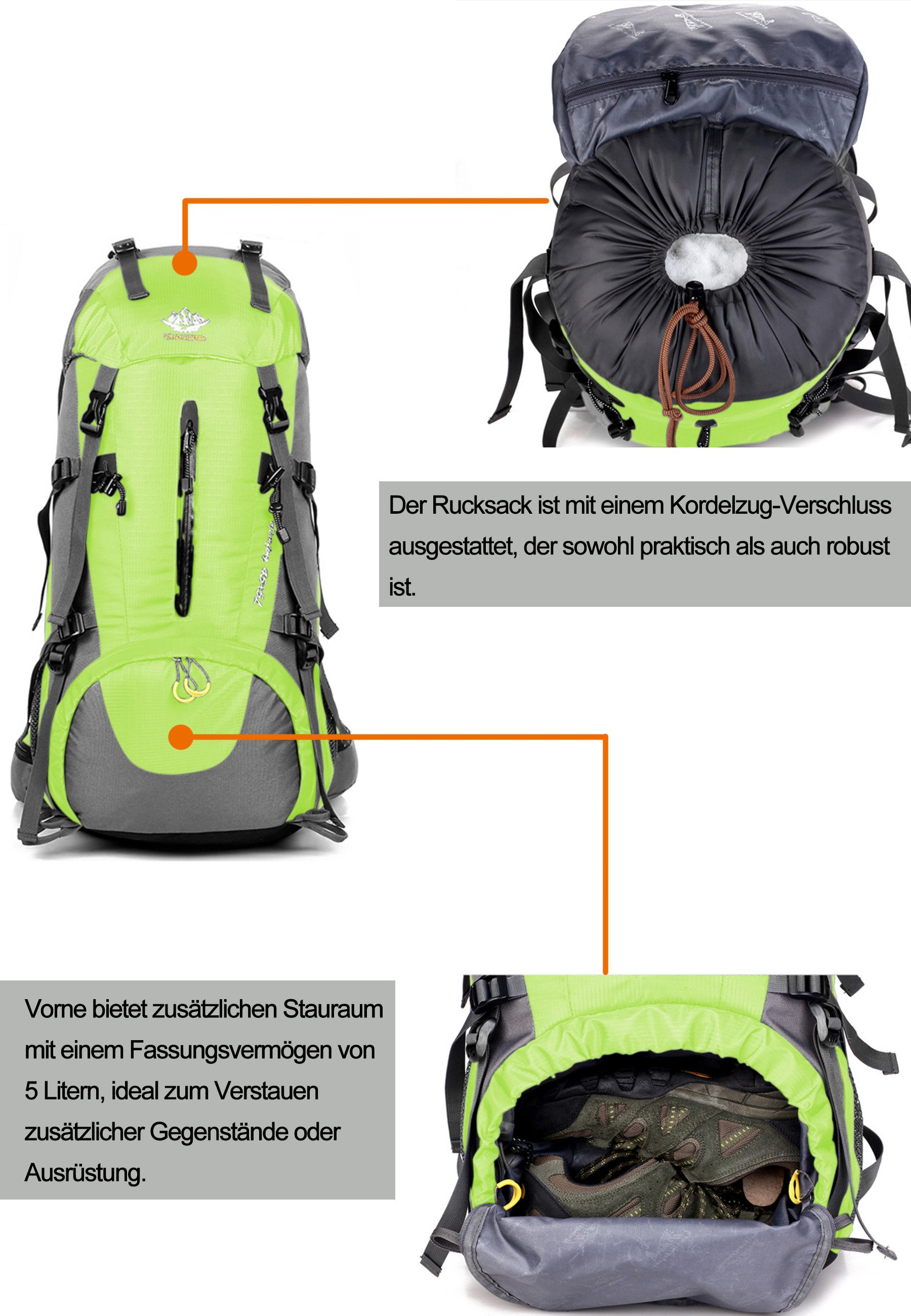 RAIKOU Wanderrucksack 50L Trekkingrucksack Wasserdicht, Reisetasche Ultralight (Regenhülle, Hüftgurt mit praktischen Taschen), Atmungsaktives Tragesystem
