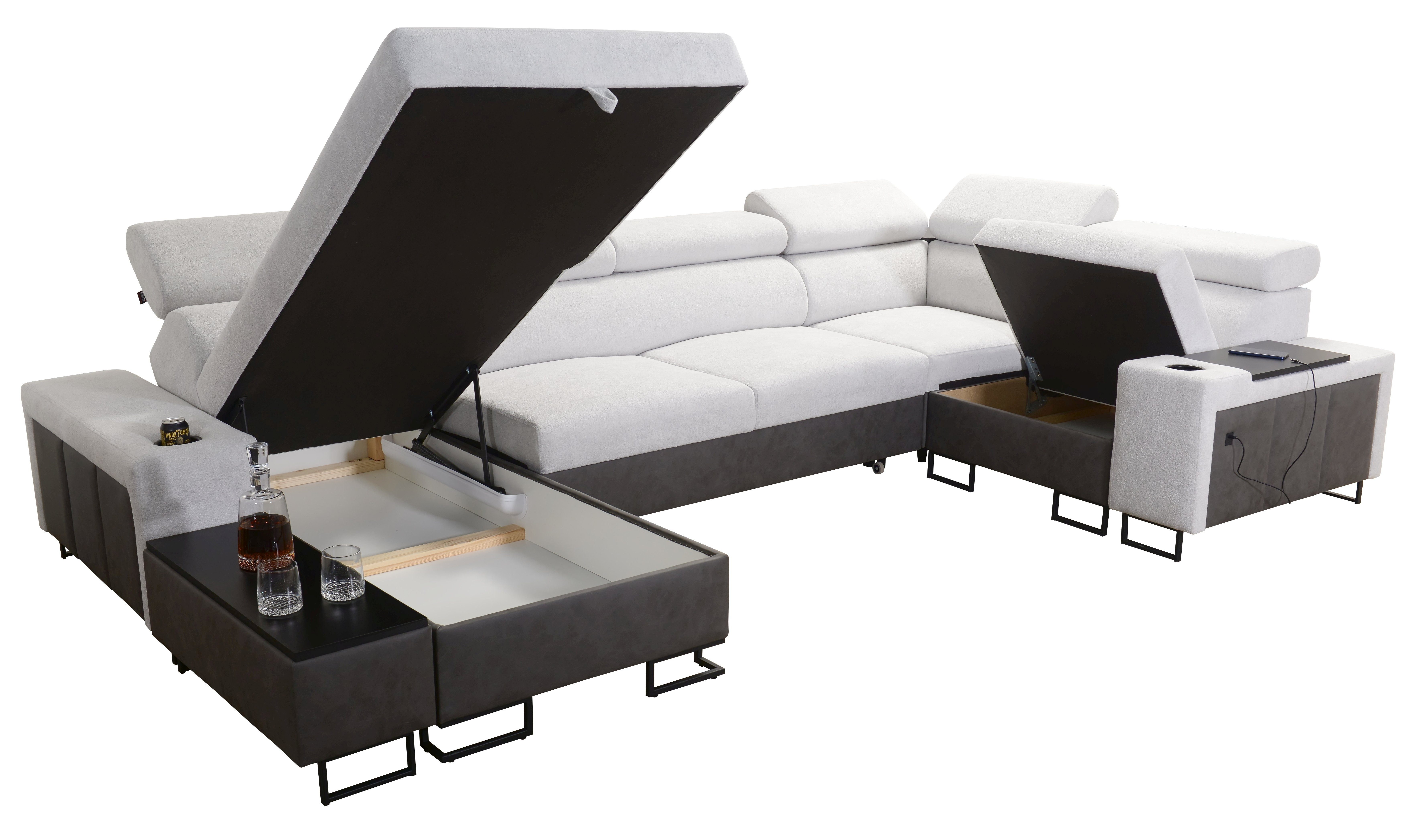 Möbel für Dich Wohnlandschaft Melody IV in U-Form mit USB, Ablagen und anderen Extras, mit Becherhalter in den Armlehnen und einem kleinen Beistelltisch – Bild 4 von 5