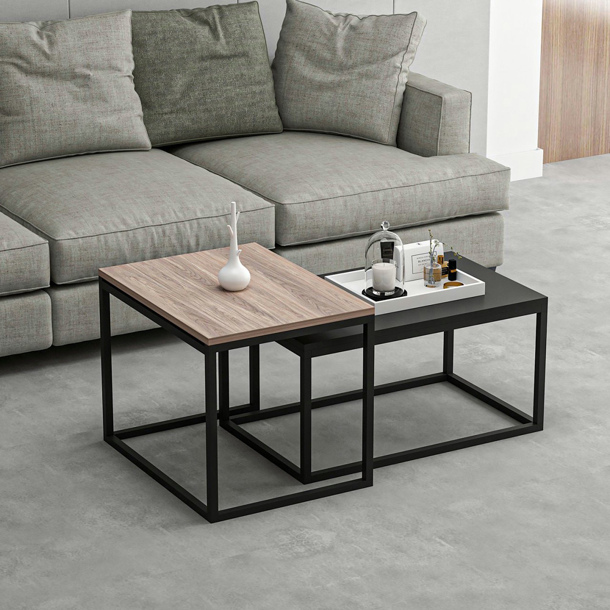 en.casa Satztisch, Aabenraa Couchtisch 2er Set, Metallgestell, Eiche-Optik/Schwarz