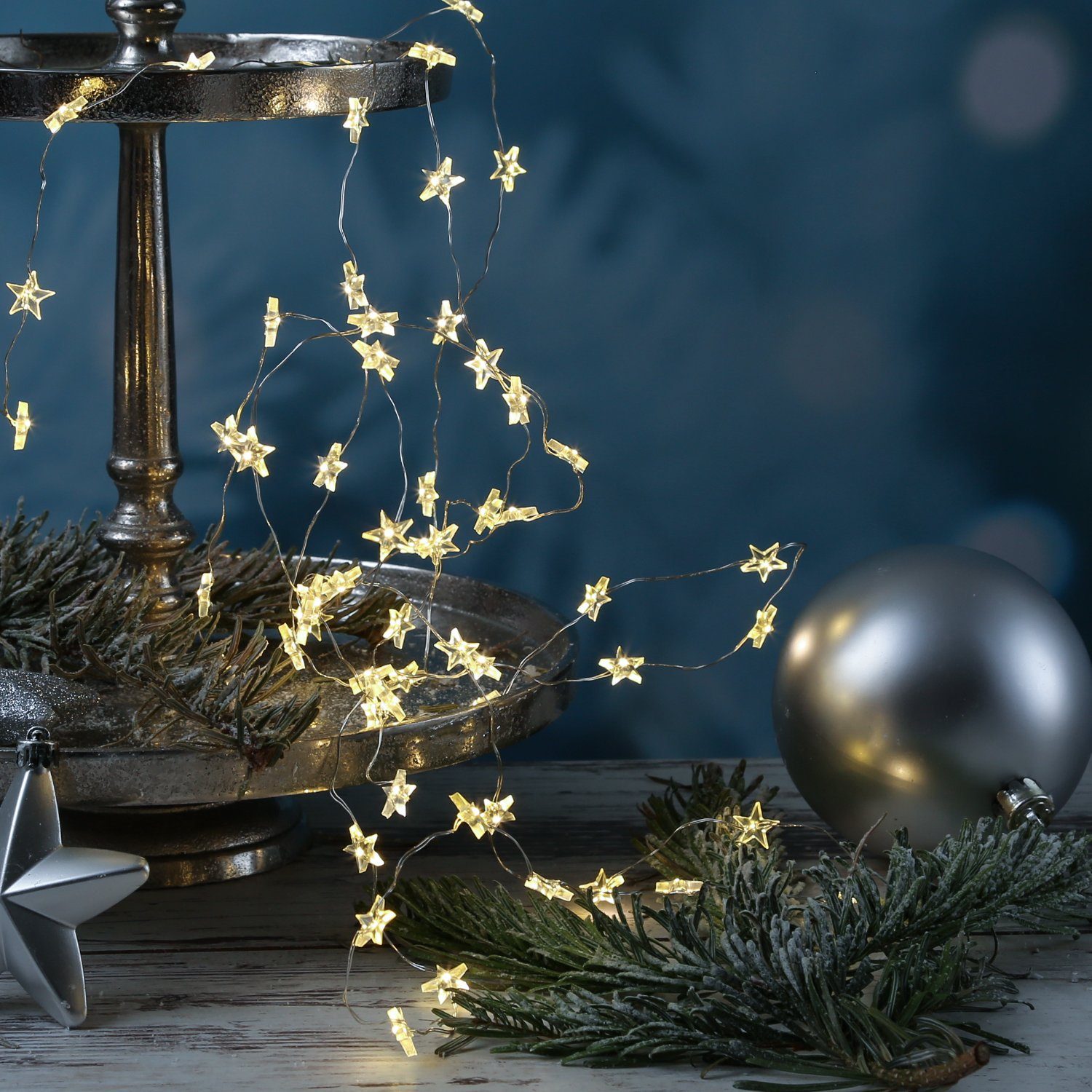 MARELIDA LED-Lichterkette Sterne 60 LED 2,95m Dekolichterkette Silberdraht Weihnachten, 60-flammig