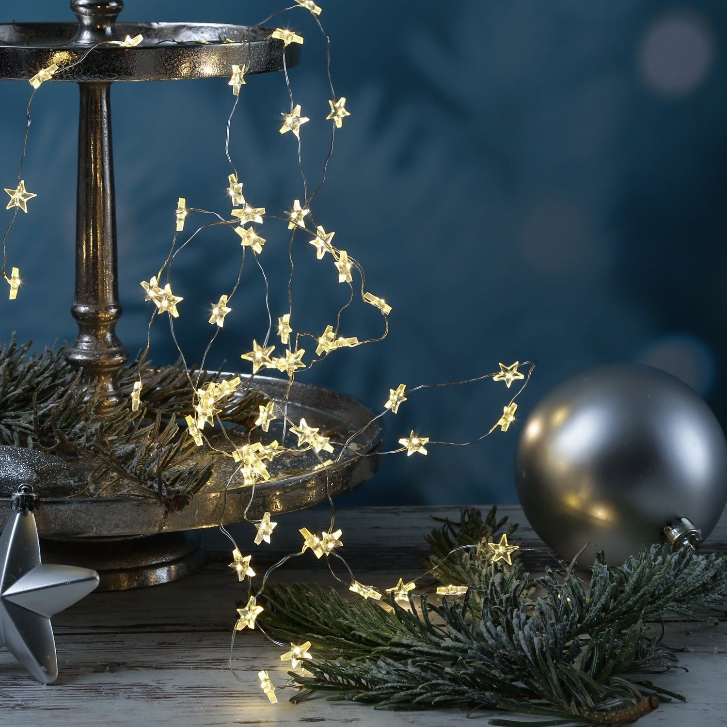 MARELIDA LED-Lichterkette Sterne 60 LED 2,95m Dekolichterkette Silberdraht  Weihnachten, 60-flammig