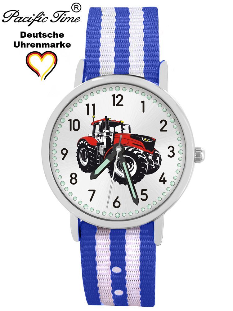 Gratis Mix Match Armbanduhr Wechselarmband, Design Quarzuhr gestreift Versand Traktor weiß Pacific Time Kinder rot - blau und
