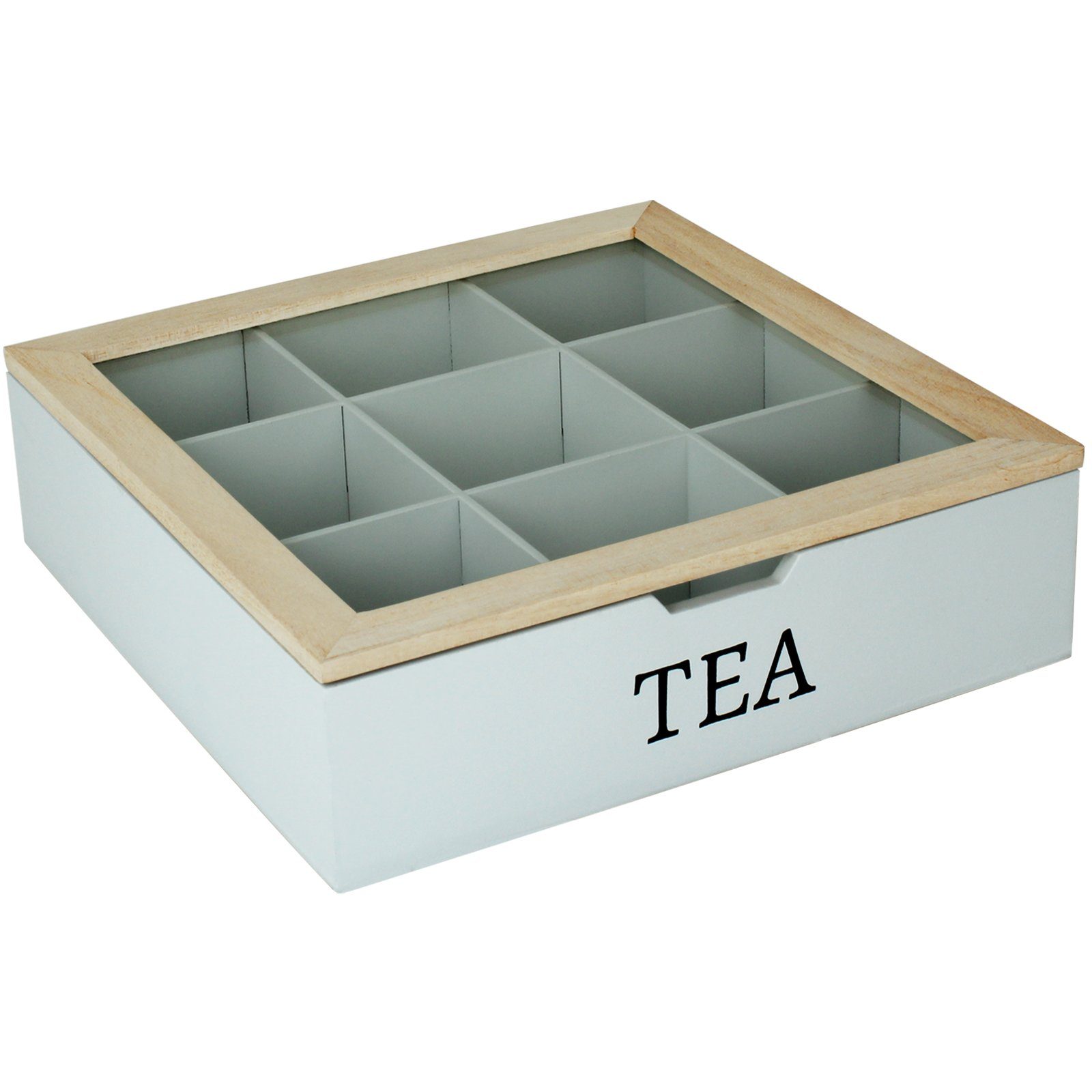 Koopman Teebox Teekiste 9 Fächer Eingriff TEA Farbwahl Teekasten Teebeutelbox, Tee Dose Kiste Box Tee-Beutel Teesorten Teebeutel Holzteebox Holz Weiß