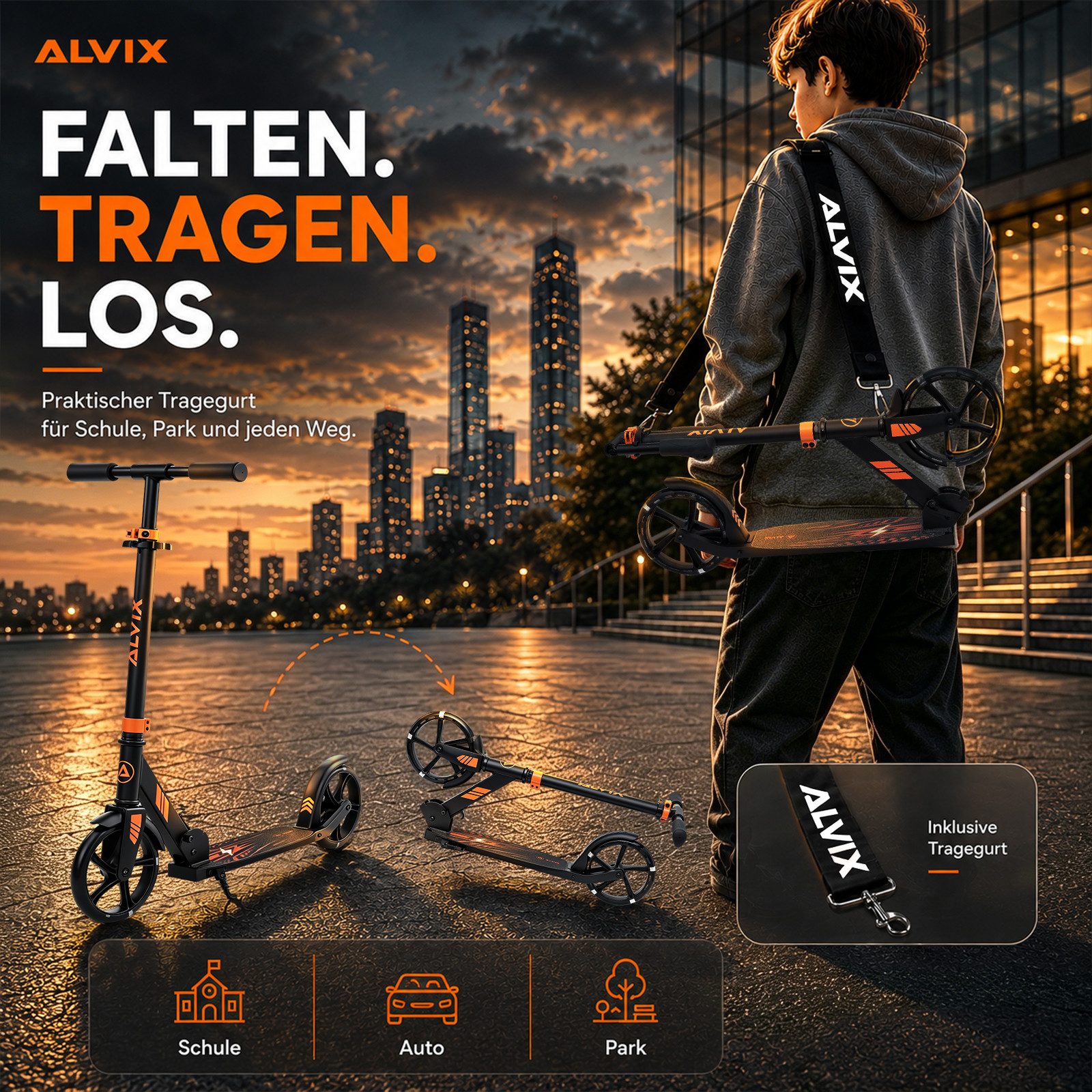 ALVIX Cityroller Kinderroller K-Serie, (Einzelartikel, 1 Scooter, 1 Tragegurt, 1 Bedienungsanleitung), 200-mm-LED-Räder, breites 120-mm-Deck, faltbar, Tragegurt