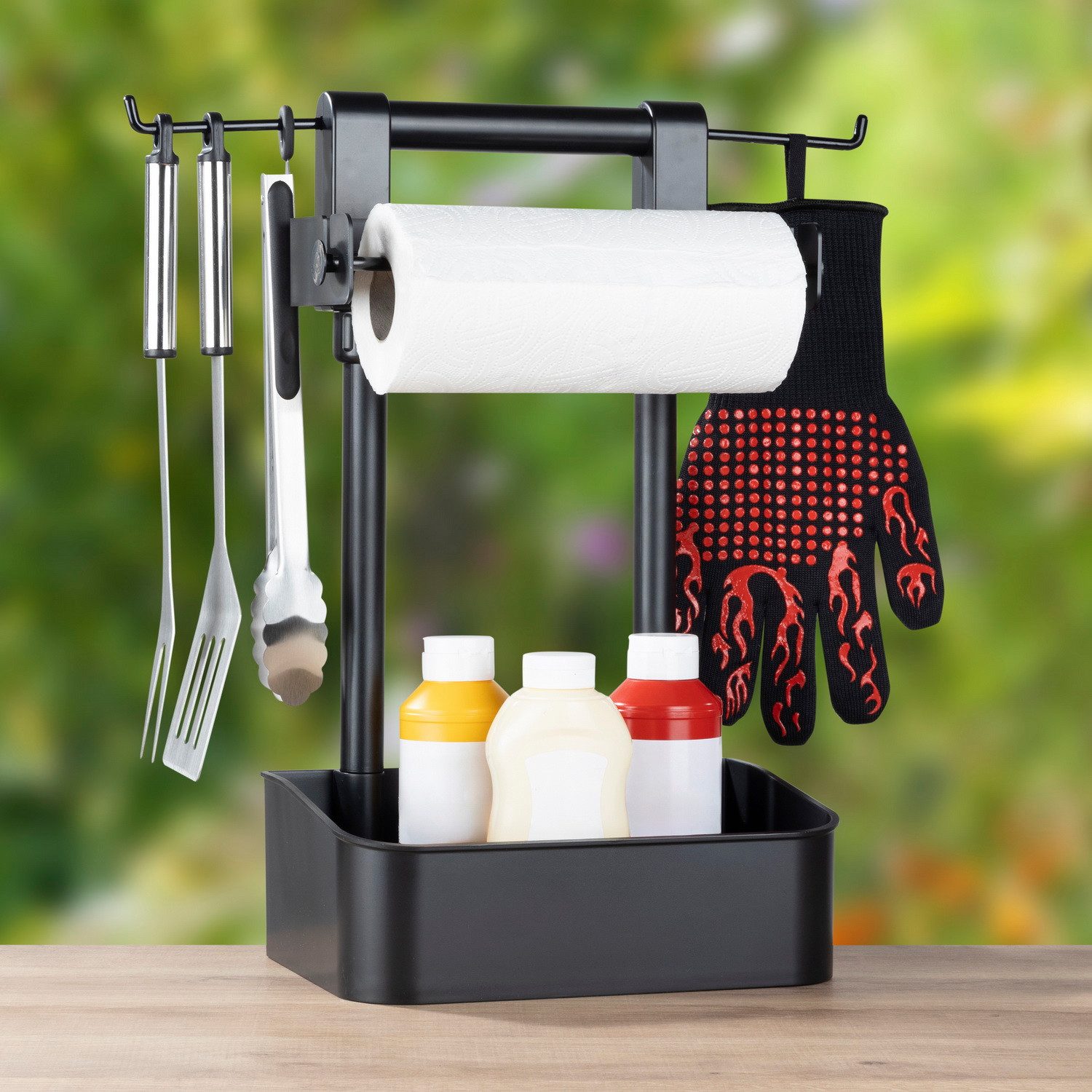 Haushalt International Grillhaken Chefware BBQ Grillbutler für Grillbesteck mit Küchenrollenhalter, einstellbare Haken für Küchenhelfer / Grillzange