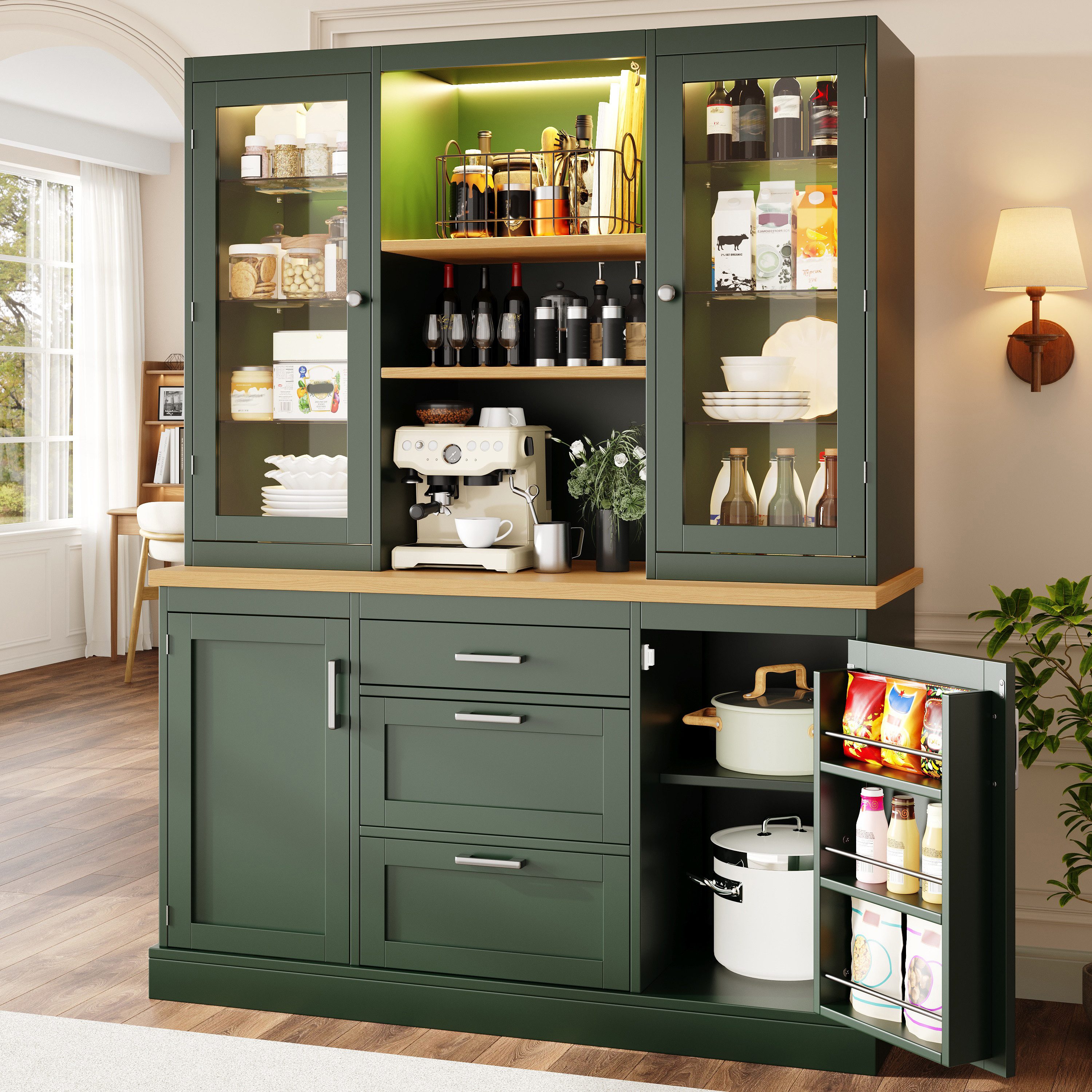 Odikalo Küchenbuffet Küchenschrank Buffetschrank mit App-gesteuerter LED-Beleuchtung (185x140x40cm, 3 Schubladen, Arbeitsplatte, verstellbare Böden)