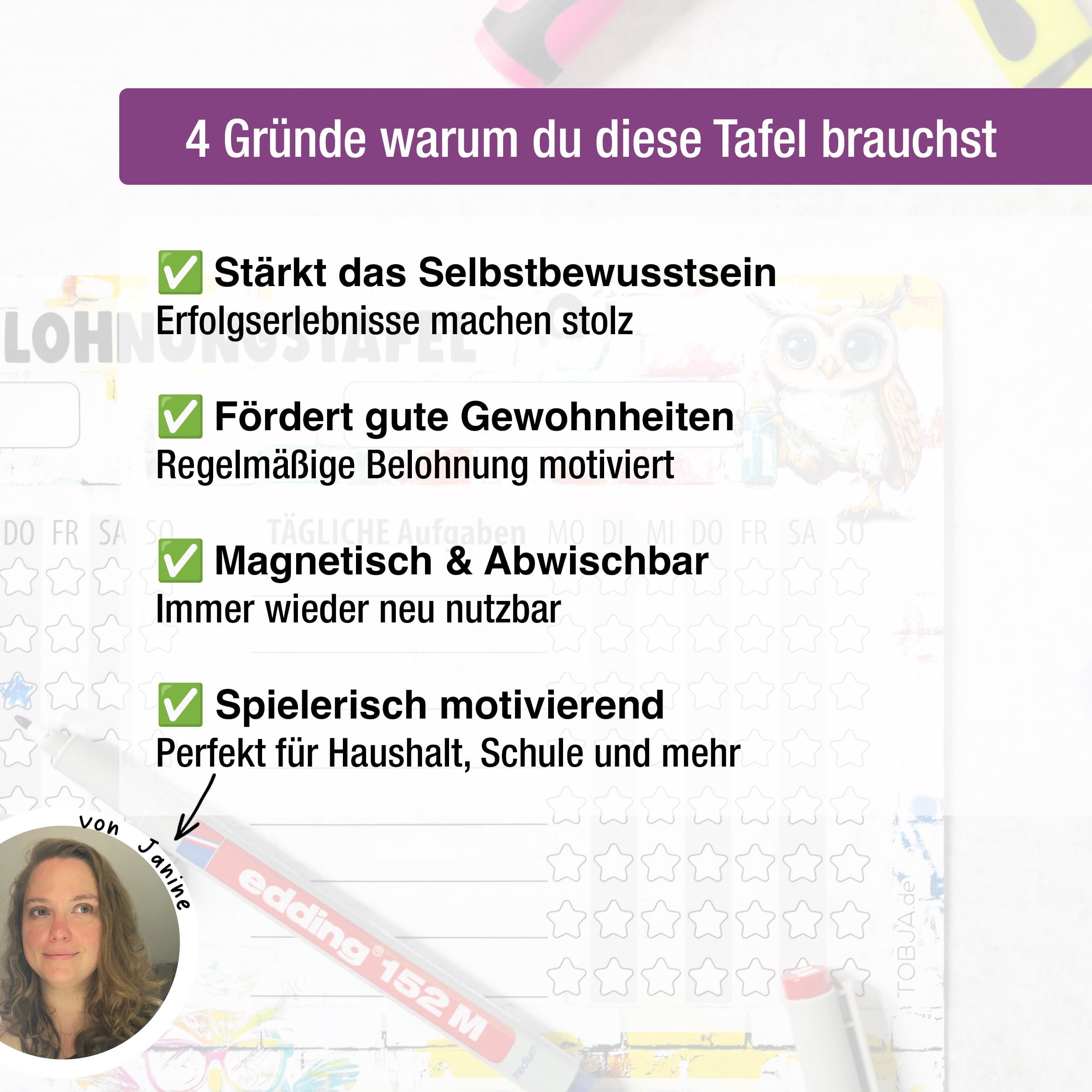 TOBJA Magnettafel Magnetische Belohnungstafel XL 2 Kinder Graffiti 4Stifte, Routine Planer Kinder 30x30 cm, abwischbar