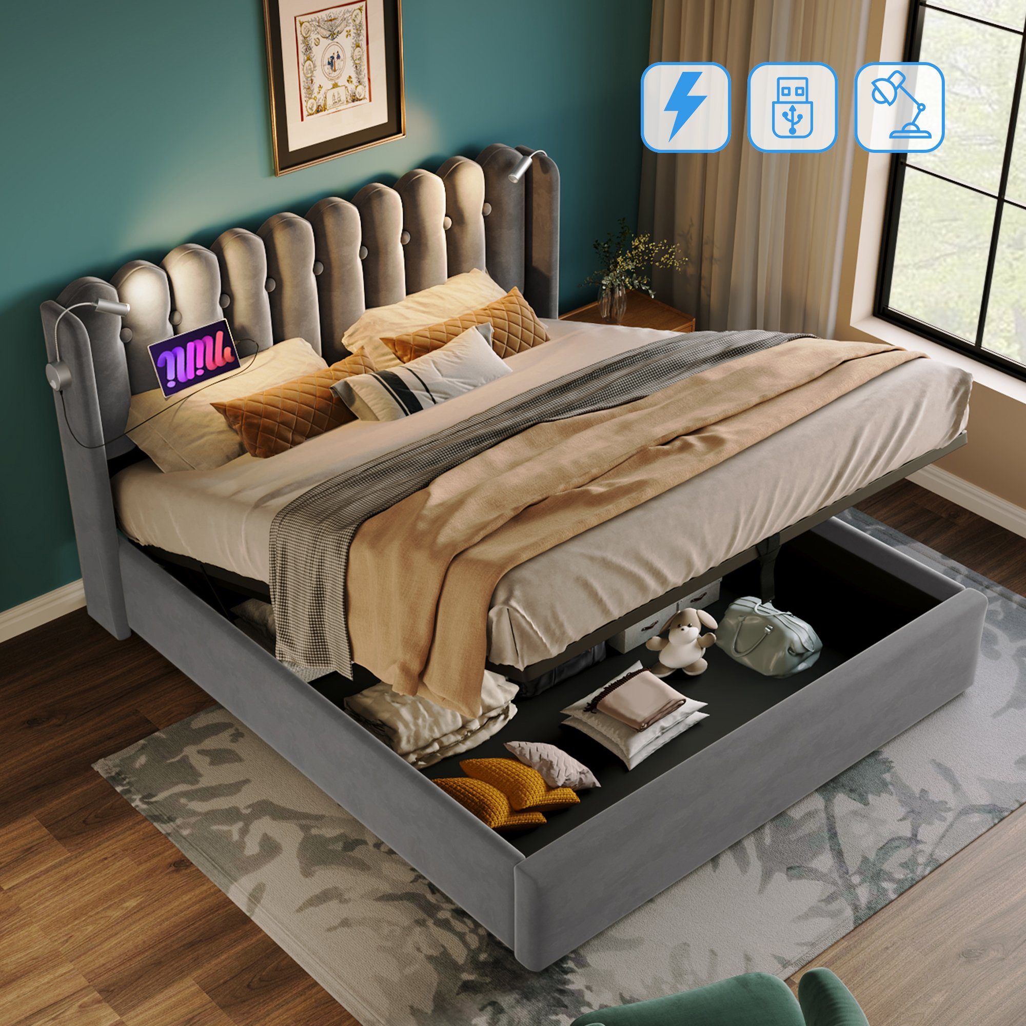 BlingBin Einzelbett Polsterbett (1-tlg., Ladefunktion und Bettkasten, mit Leselicht 140 ×200CM), 2 USB-Ladeanschlüsse, mit lattenrost, Ohne Matratze, Samt